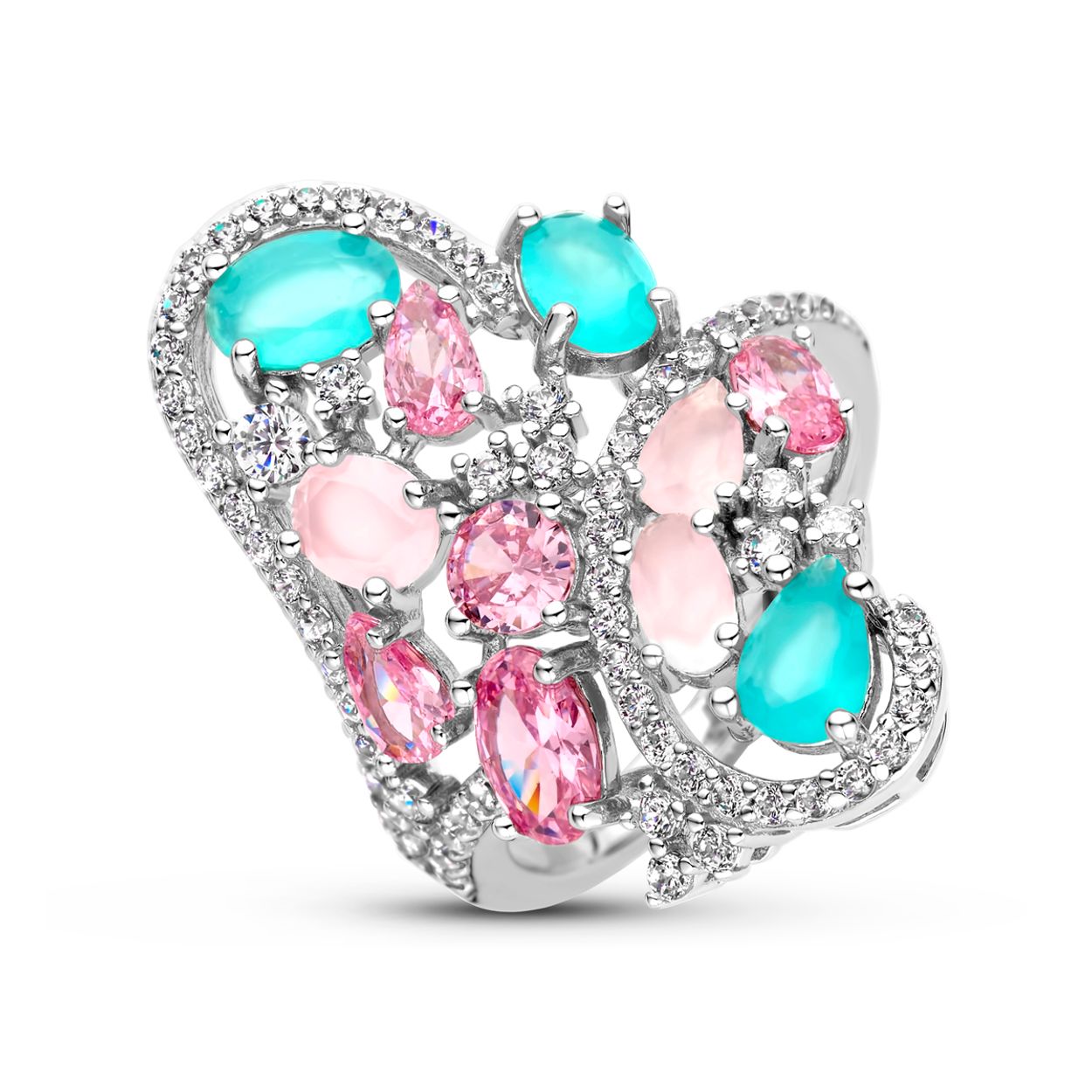 Gerhodineerd 925 zilveren ring met gekleurd zirkonia. De ring heeft een breedte van 29.5mm.