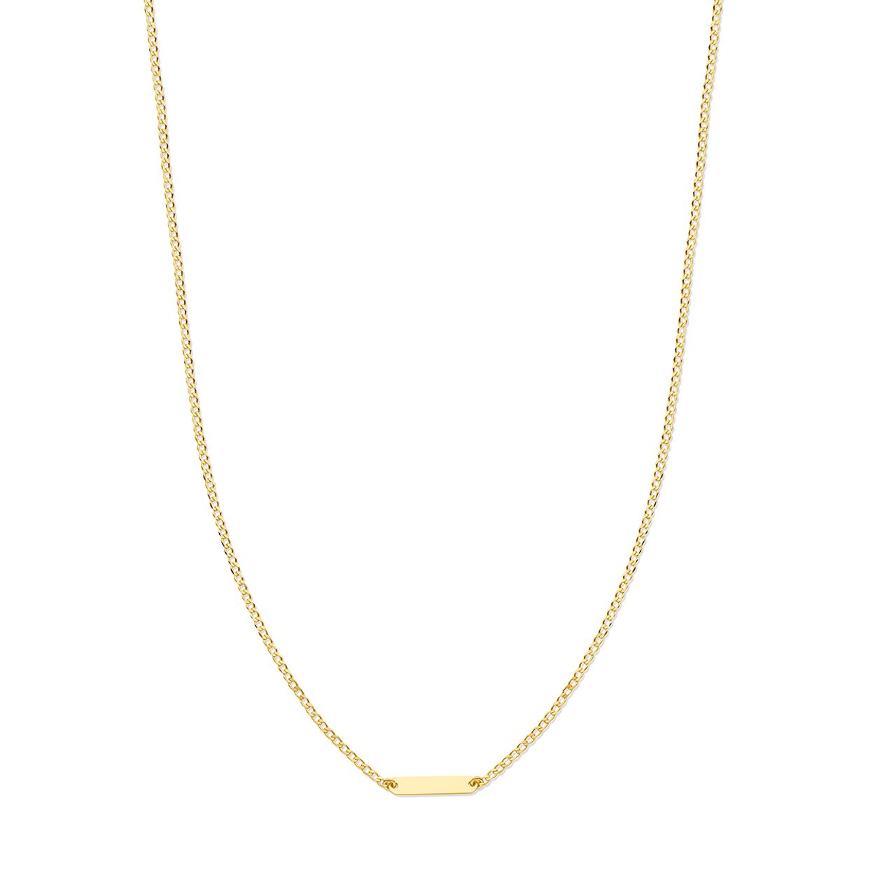 14k Geelgouden collier uitgevoerd met een graveerplaat van 3.6x16mm. Het collier heeft draaglengte van 41cm met 4cm extensie. De schakelbreedte is 1.0mm. De plaat heeft een dikte van 0.5mm.