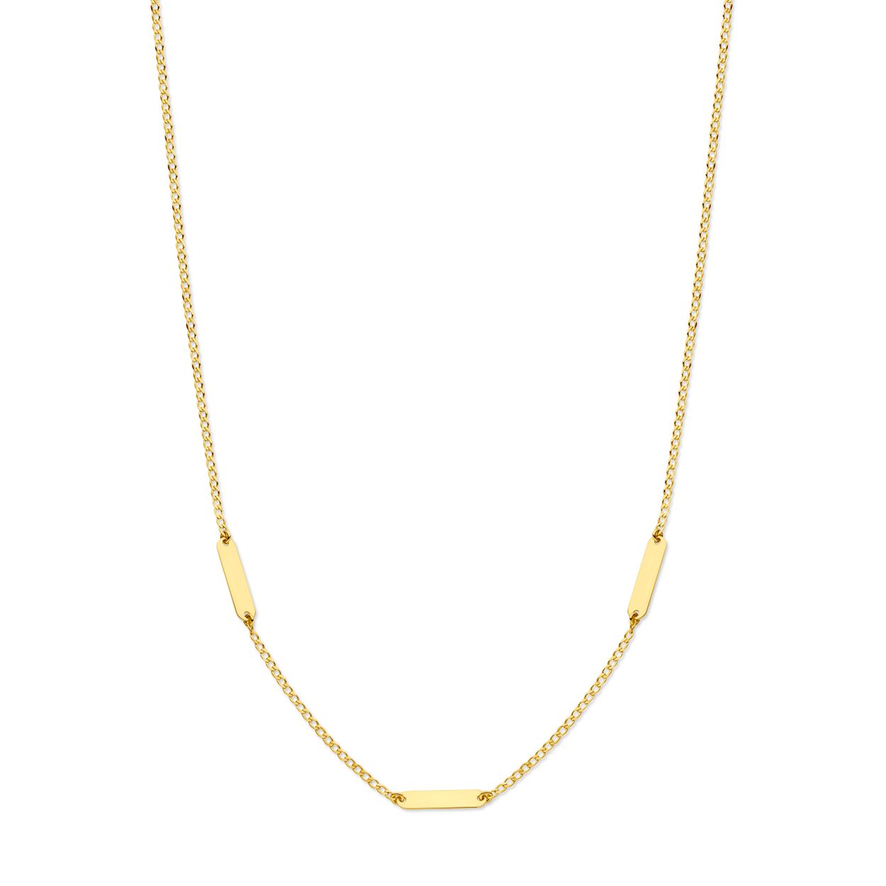 14k Geelgouden collier uitgevoerd met graveerplaatjes van 3.6x16mm. Het collier heeft draaglengte van 41cm met 4cm extensie. De schakelbreedte is 1.6mm. De plaat heeft een dikte van 0.5mm.
