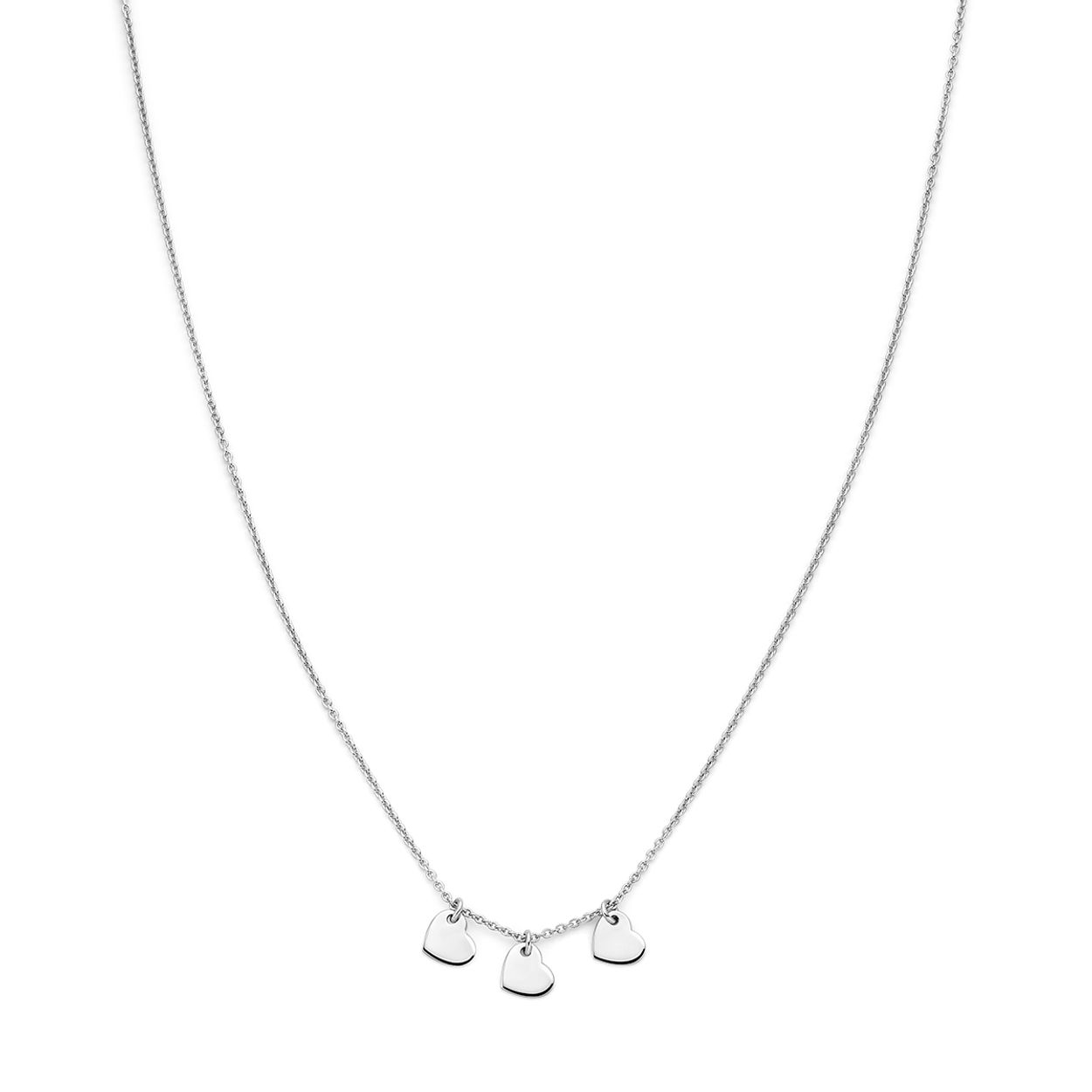 Gerhodineerd 925 zilveren collier uitgevoerd met drie hartjes. Het collier heeft een lengte van 36cm met 2cm extensie. Uitgevoerd met karabijnsluiting.