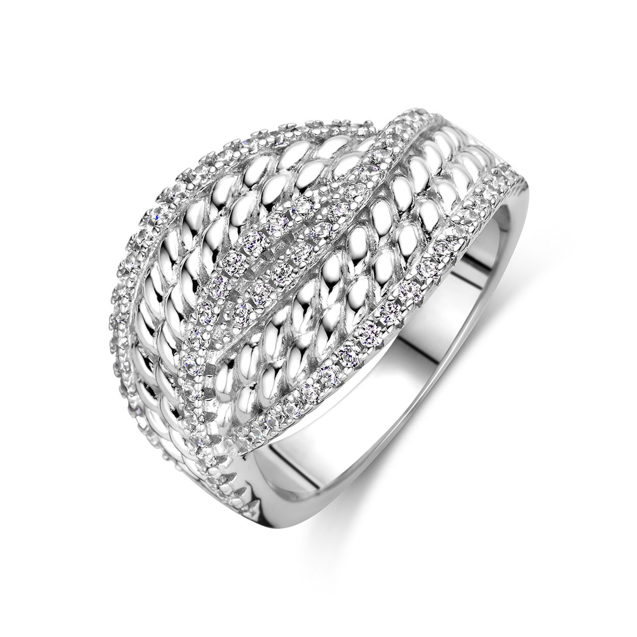 Gerhodineerd 925 zilveren ring uitgevoerd met zirkonia. De ring heeft een breedte van 15mm.