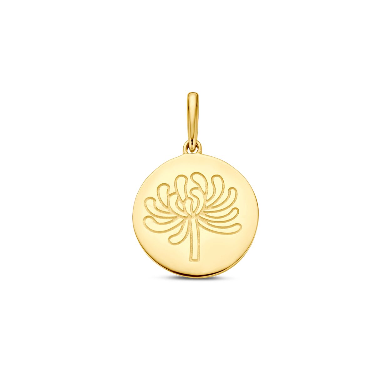 14k Geelgouden ronde hanger uitgevoerd met een geboortebloem. De hanger heeft een totale hoogte van 18mm. Geboortebloem van de maand november, chrysant.
