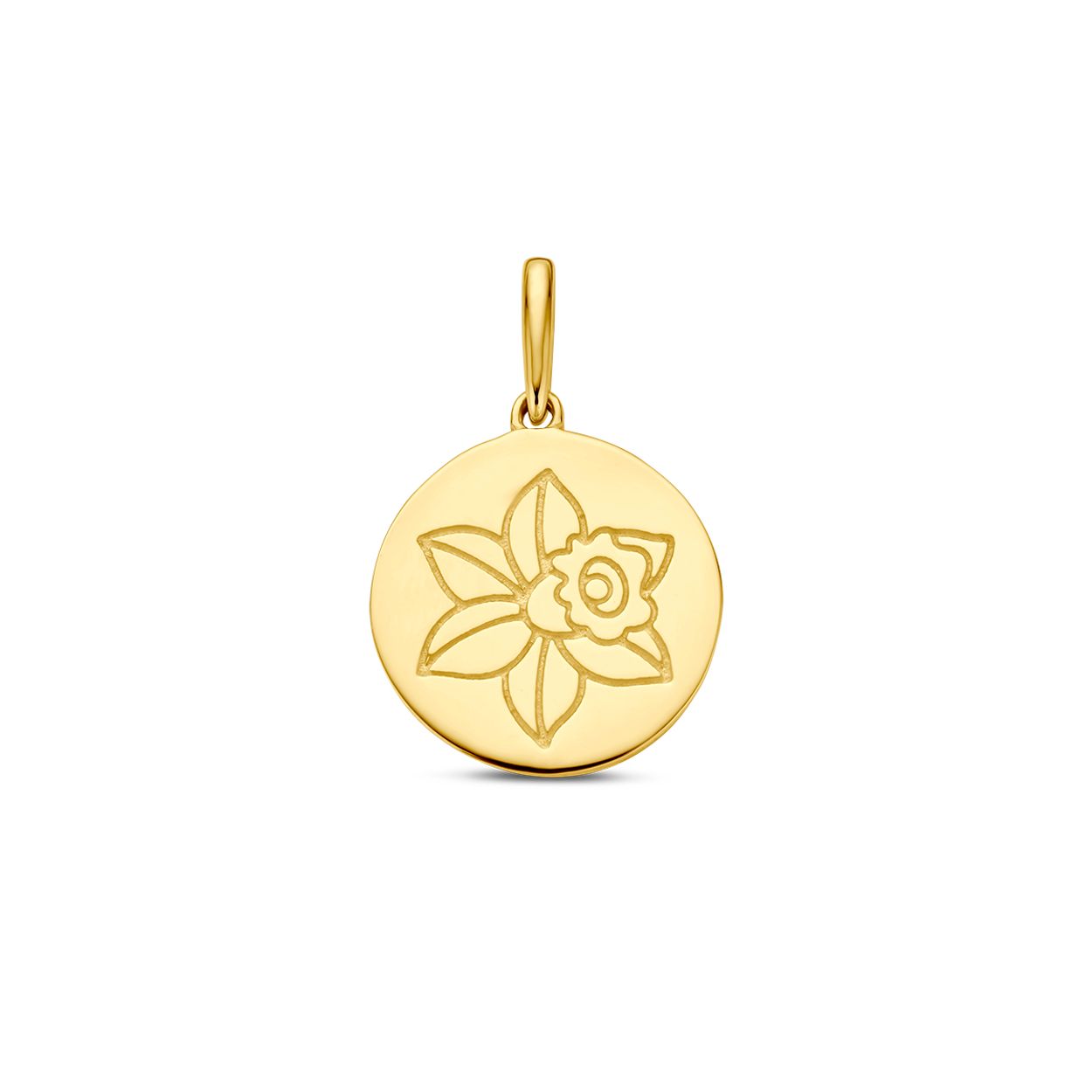14k Geelgouden ronde hanger uitgevoerd met een geboortebloem. De hanger heeft een totale hoogte van 18mm. Geboortebloem van de maand maart, narcis.
