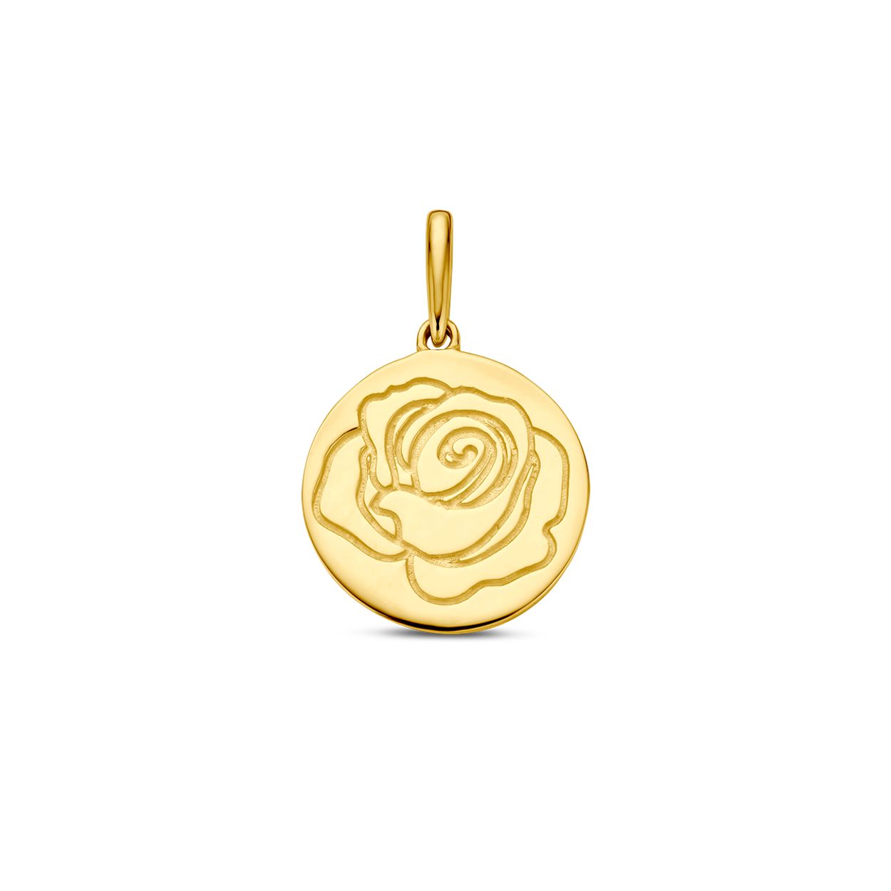 14k Geelgouden ronde hanger uitgevoerd met een geboortebloem. De hanger heeft een totale hoogte van 18mm.