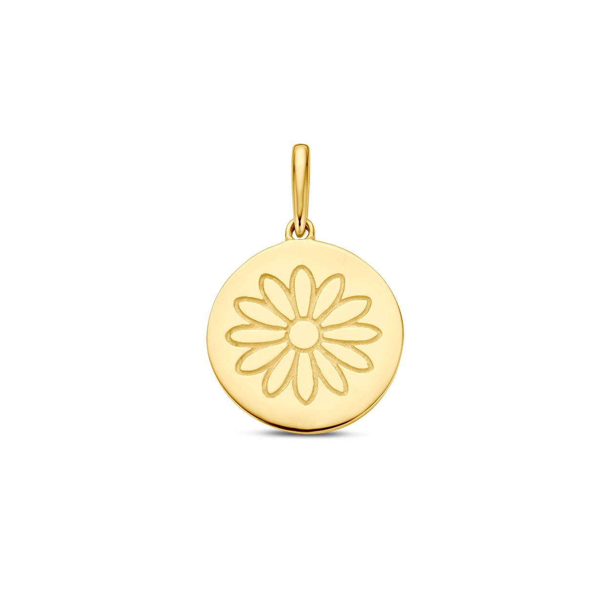 14k Geelgouden ronde hanger uitgevoerd met een geboortebloem. De hanger heeft een totale hoogte van 18mm.