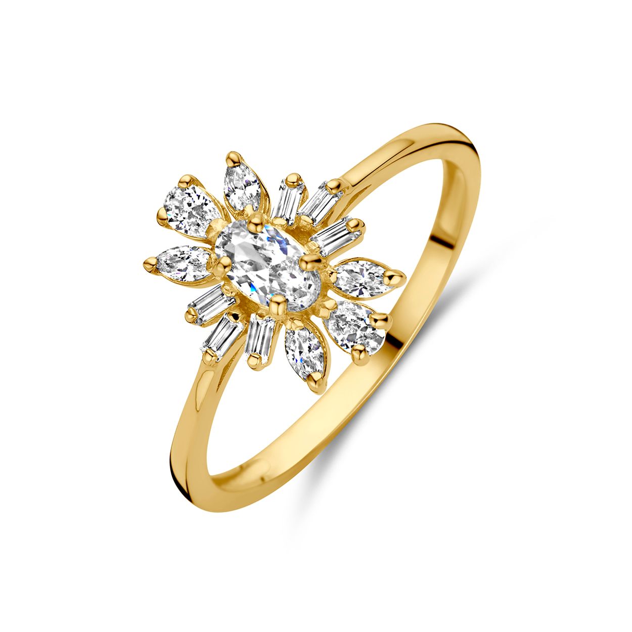 14k Geelgouden ring uitgevoerd met zirkonia. De ring heeft een breedte van 11.5mm.