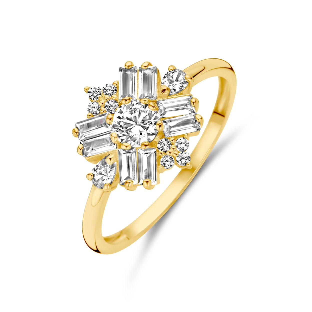14k Geelgouden ring uitgevoerd met zirkonia. De ring heeft een breedte van 11.5mm.