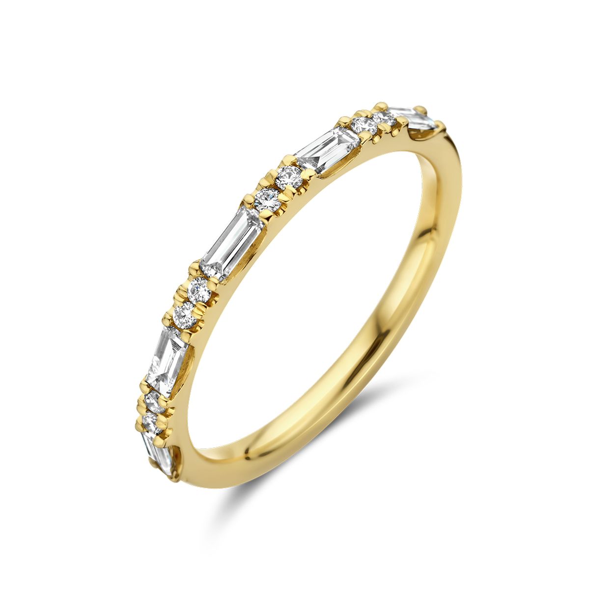 14k Geelgouden ring uitgevoerd met diamanten. De ring heeft een breedte van 2mm.