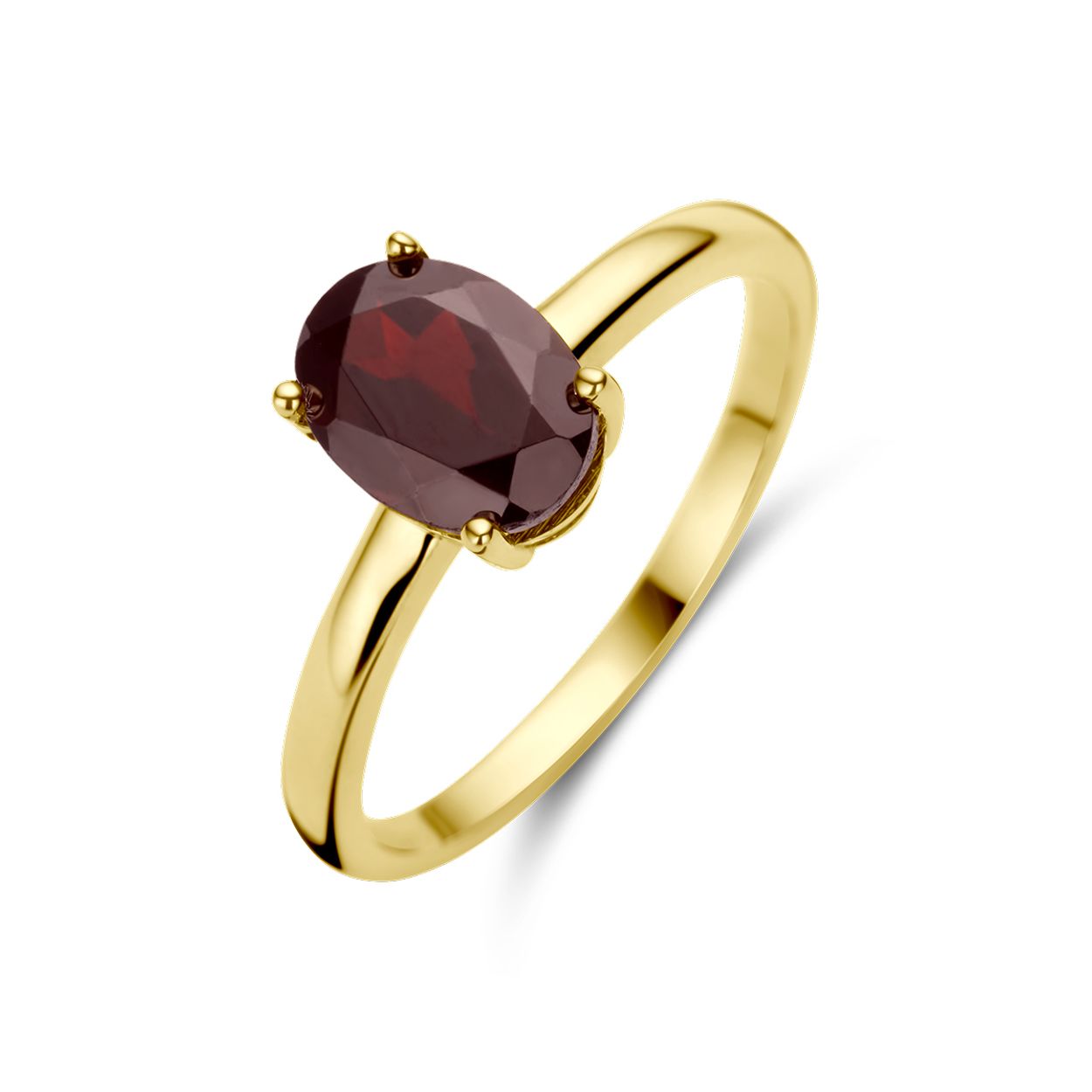 14k Geelgouden ring uitgevoerd met granaat. De steen heeft een afmeting van 8x6mm.