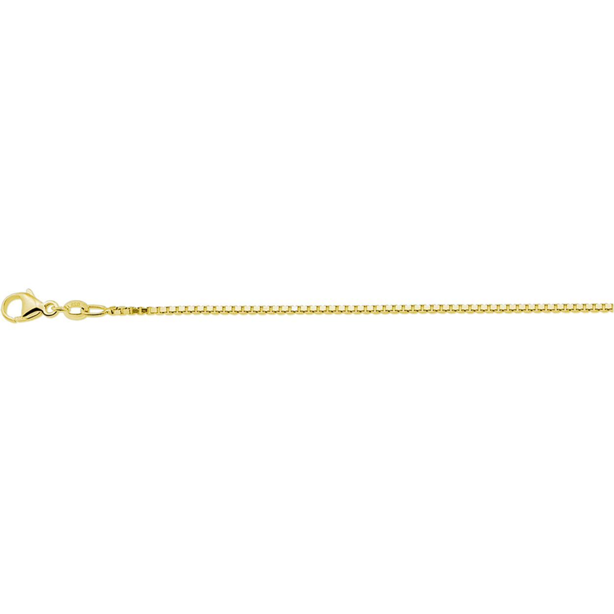 Geelgoud op 925 zilveren collier met een schakelbreedte van 1.3mm. Het collier heeft een draaglengte van 41cm en een extensie van 4cm. Uitgevoerd met een karabijn sluiting. Geen garantie op plating.