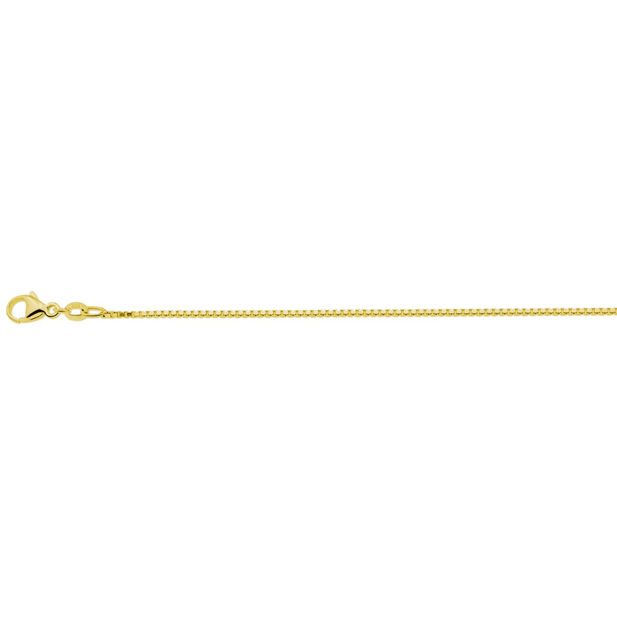 Geelgoud op 925 zilveren collier. De schakelbreedte is 1.1mm. Het collier heeft een draaglengte van 41cm en een extensie van 4cm. Uitgevoerd met een karabijn sluiting. Geen garantie op plating.