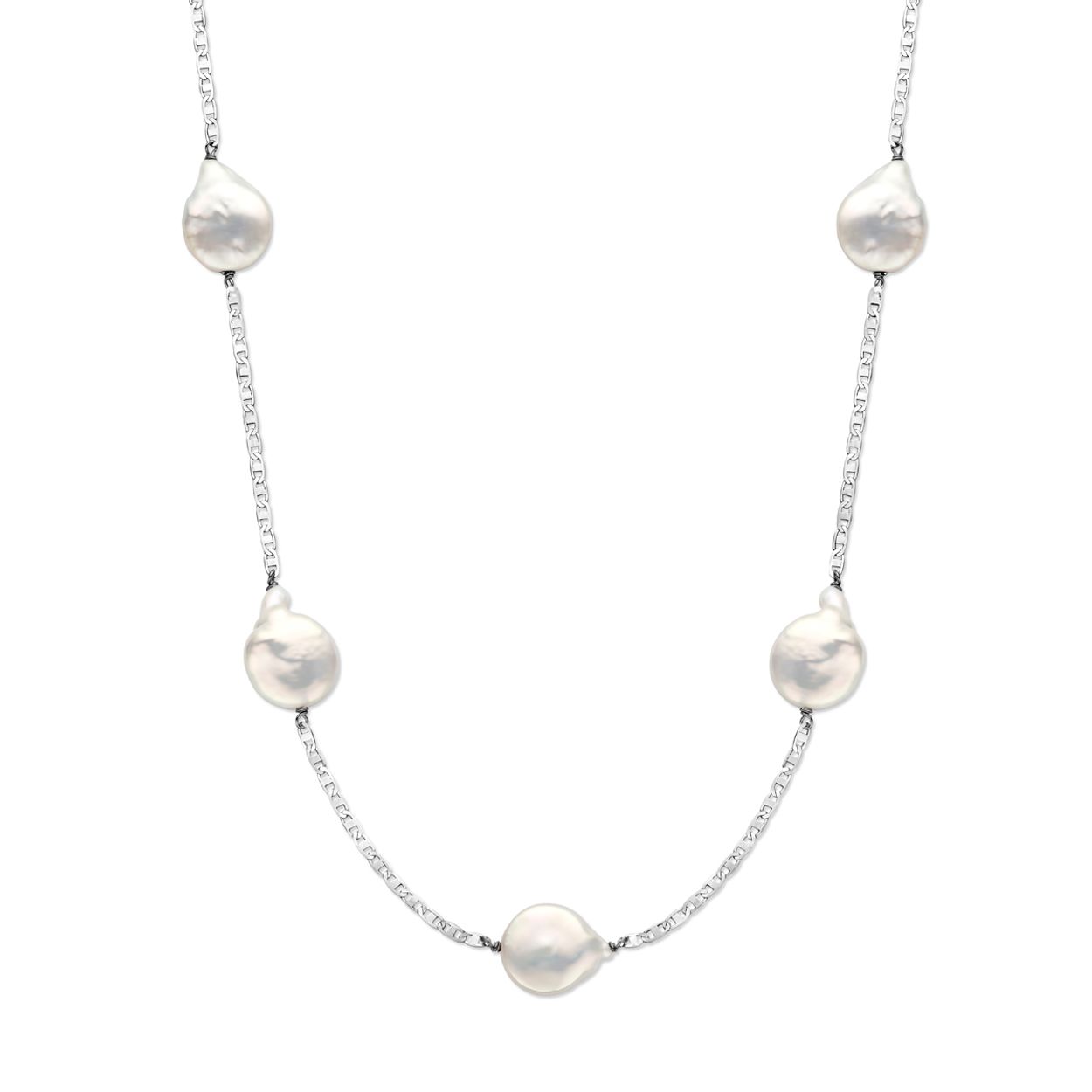 Gerhodineerd 925 zilveren collier uitgevoerd met parels en een karabijn sluiting. Het collier heeft een schakelbreedte van 2.5mm en een draaglengte van 70cm met 5cm extensie.