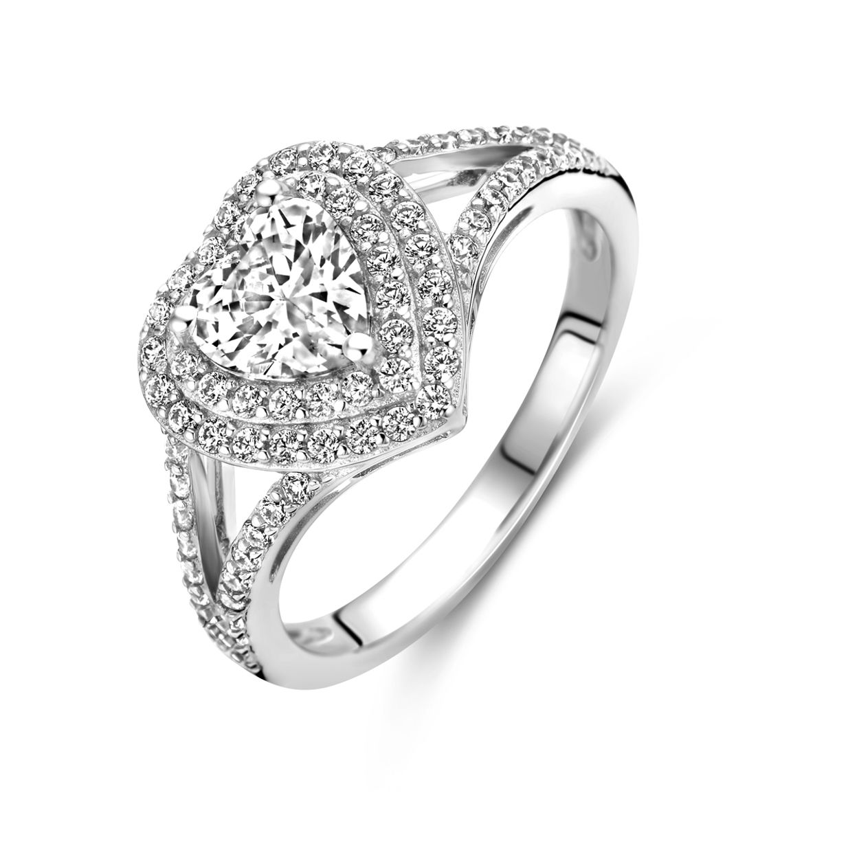 Gerhodineerd 925 zilveren ring uitgevoerd met een hart zirkonia. De ring heeft een breedte van 11mm.