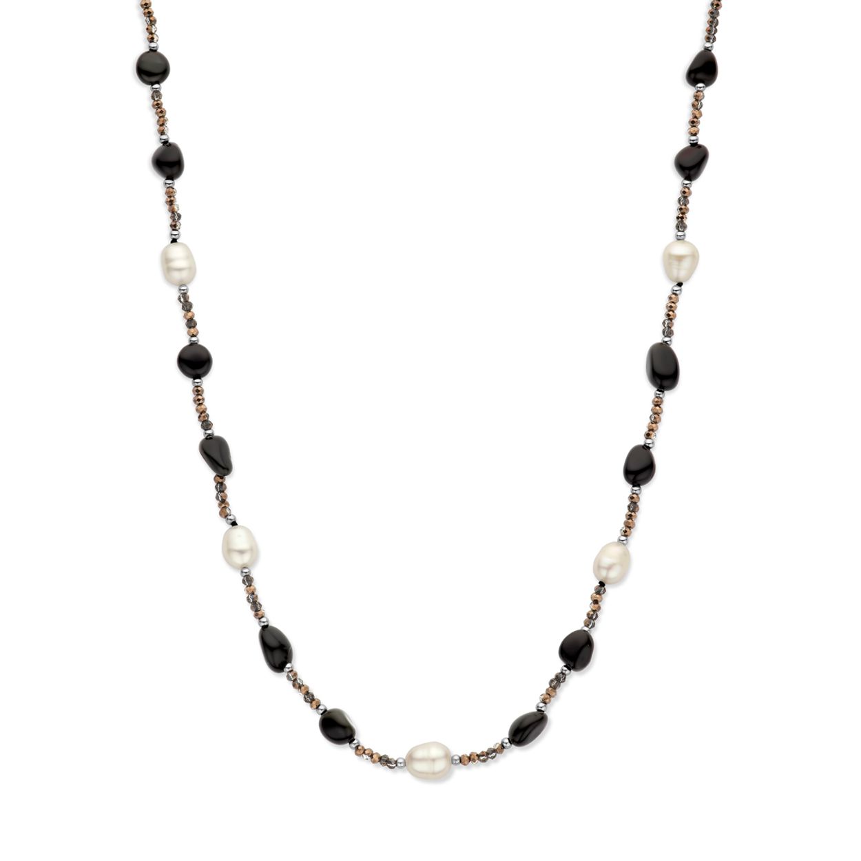 Gerhodineerd 925 zilveren collier uitgevoerd met zoetwaterparels, onyx en hematiet stenen. Het collier heeft een draaglengte van 45cm met 3cm extensie. Uitgevoerd met karabijnsluiting.