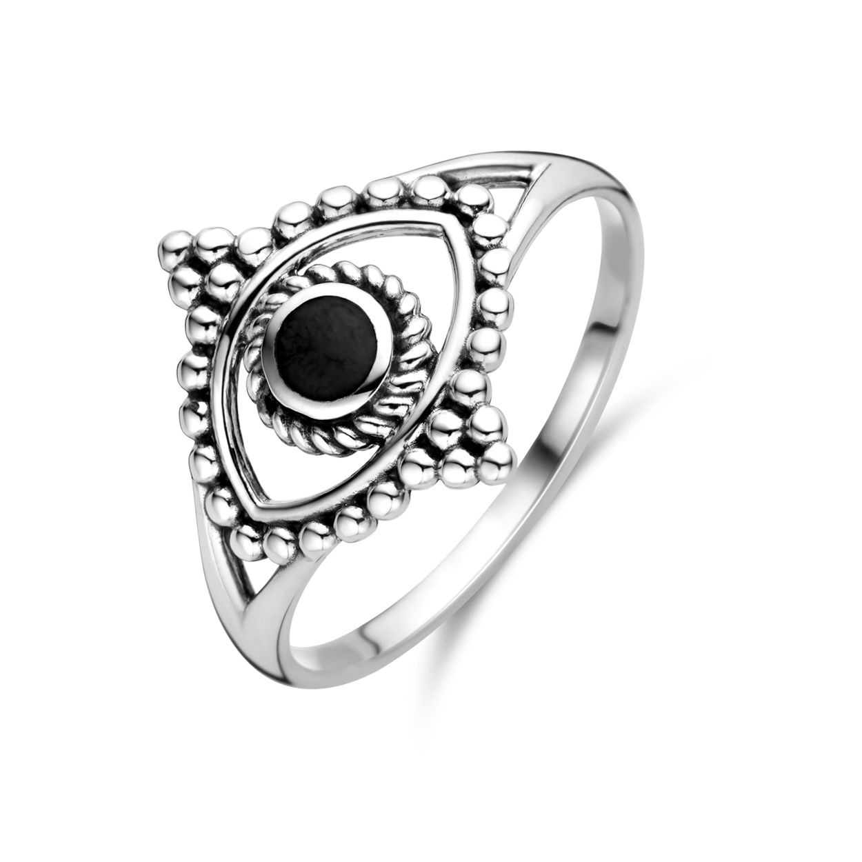 Geoxideerd 925 zilveren ring uitgevoerd met synthetisch zwart steen. De ring heeft een breedte van 14mm. 