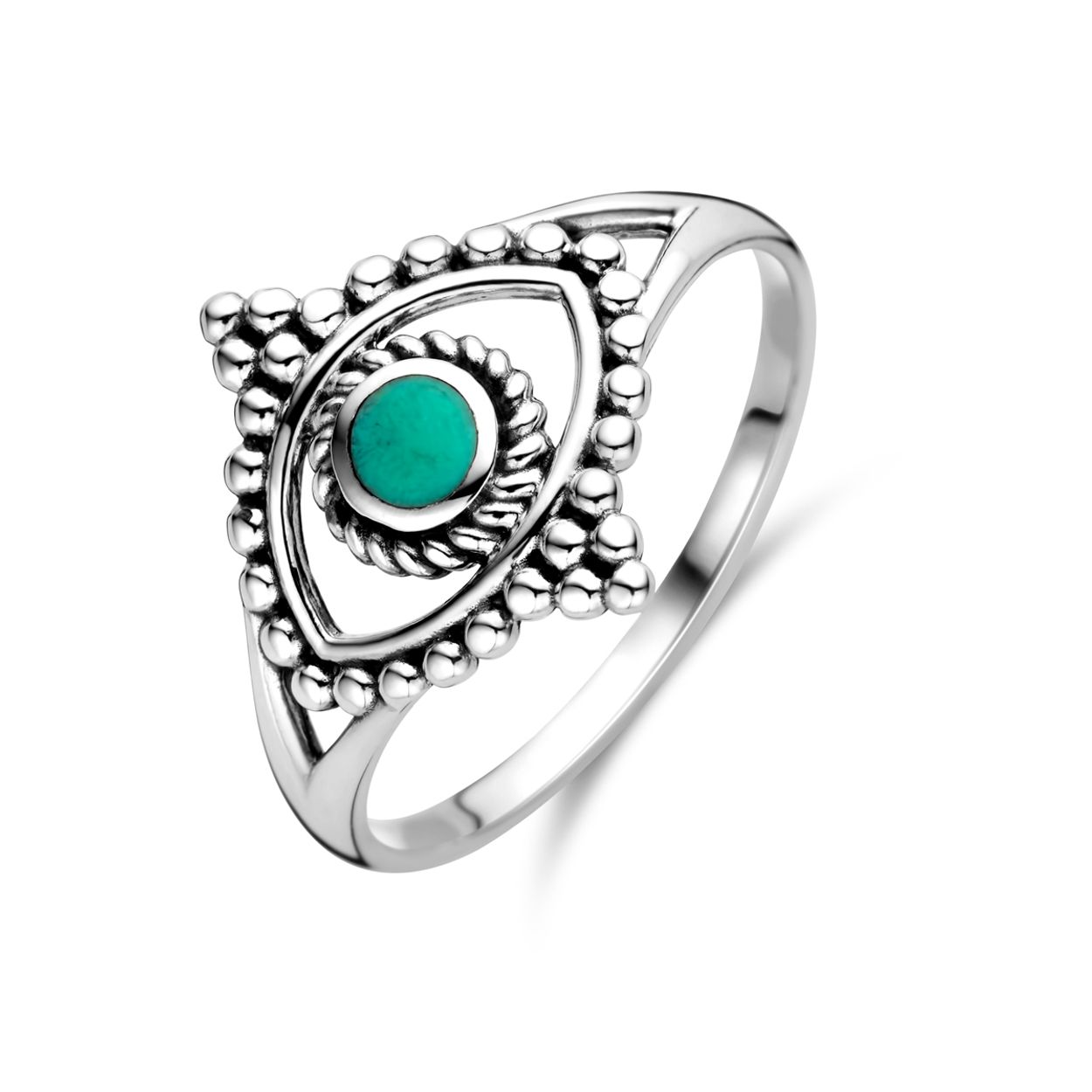 Geoxideerd 925 zilveren ring uitgevoerd met synthetisch groen steen. De ring heeft een breedte van 14mm.