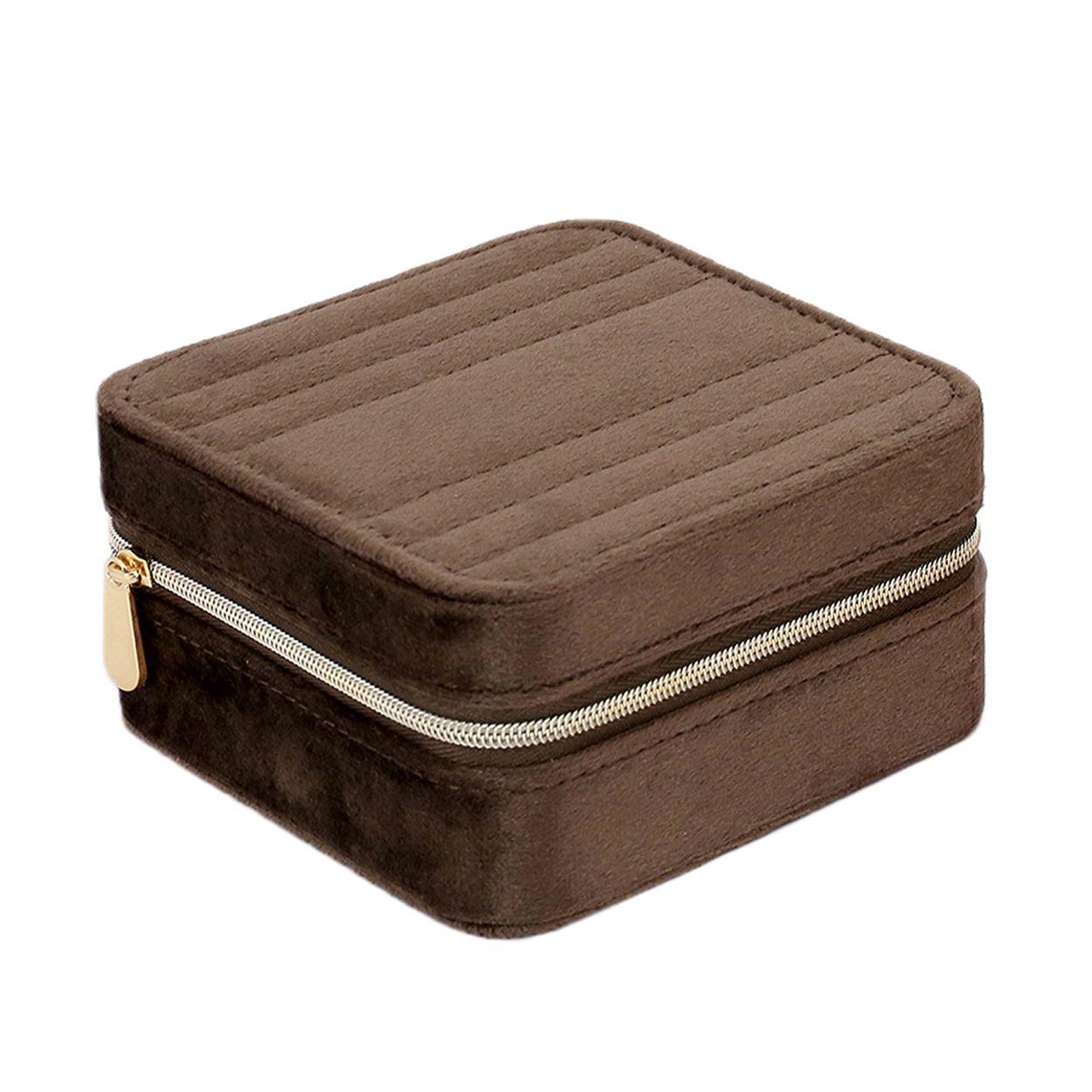 Luxe sieradenbox in de kleur bruin uitgevoerd met een goudkleurige rits sluiting, een klein spiegeltje, verschillende vakjes en een extra vakje achter het spiegeltje. Een compacte box om verschillende sieraden in op te bergen.
