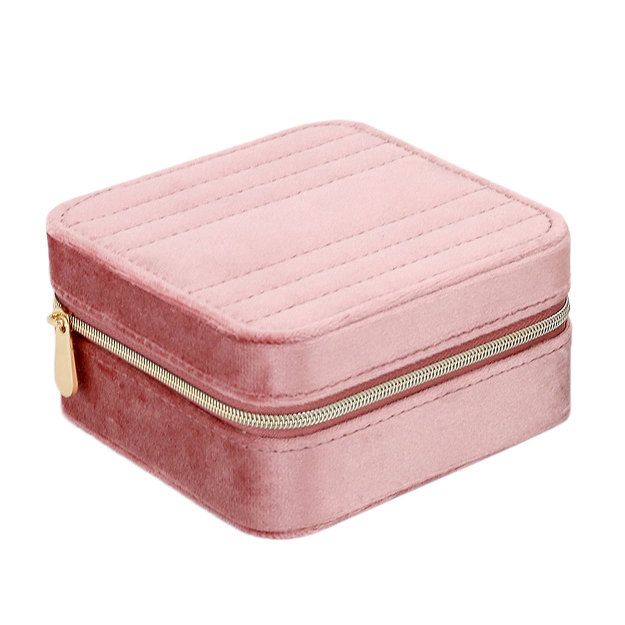 Luxe sieradenbox in de kleur roze uitgevoerd met een goudkleurige rits sluiting, een klein spiegeltje, verschillende vakjes en een extra vakje achter het spiegeltje. Een compacte box om verschillende sieraden in op te bergen.