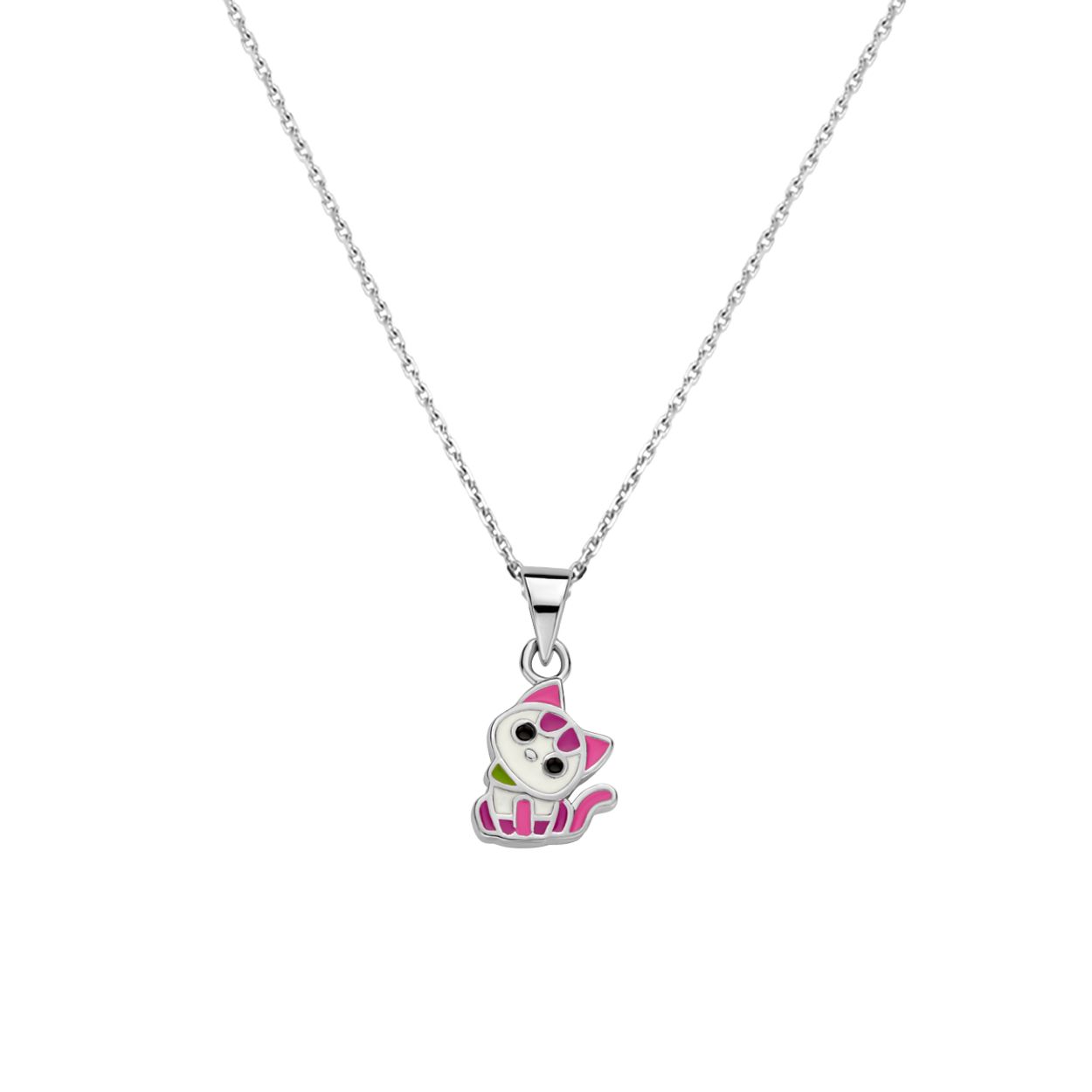 Gerhodineerd 925 zilveren collier uitgevoerd met een poes hanger en een karabijn sluiting. Het collier heeft een draaglengte van 36cm en een extensie van 4cm. De schakelbreedtes is 1.1mm.