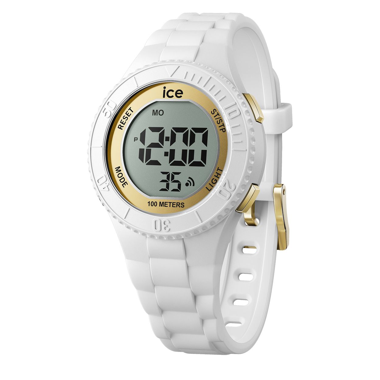 Dit Digitale horloge van ICE-WATCH komt uit de DIGIT collectie en heefr referentienummer: IW021606

Dit horloge van Ice-Watch heeft een witte doorlopende rubbere band met een goudkleurige gesp die het uurwerk omringt. Het horloge is digitaal en heeft dus meerdere functies, zoals tijd, datum enz. Deze zijn makkelijk te bedienen door de grote knoppen. Het horloge heeft een doorsnee van 35mm, een mineraalglas en is 10 ATM. Het Merk: Ice-Watch is een Belgisch merk van polshorloges. Al sinds 2007 ontwerpt en produceert Ice-Watch de meest opvallende collecties in kleurrijke en stoere modellen voor jong en oud. 