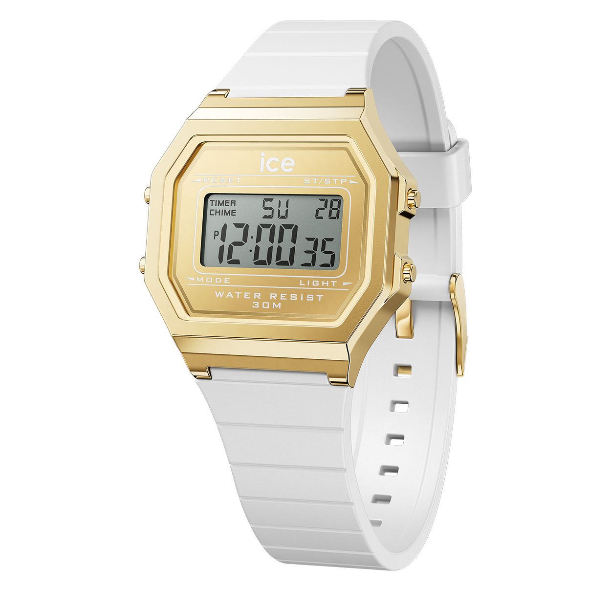 Dit is een horloge van het merk Ice-Watch uit de serie ICE digit retro. Met een horlogekast gemaakt van kunststof en een witte band van siliconen.