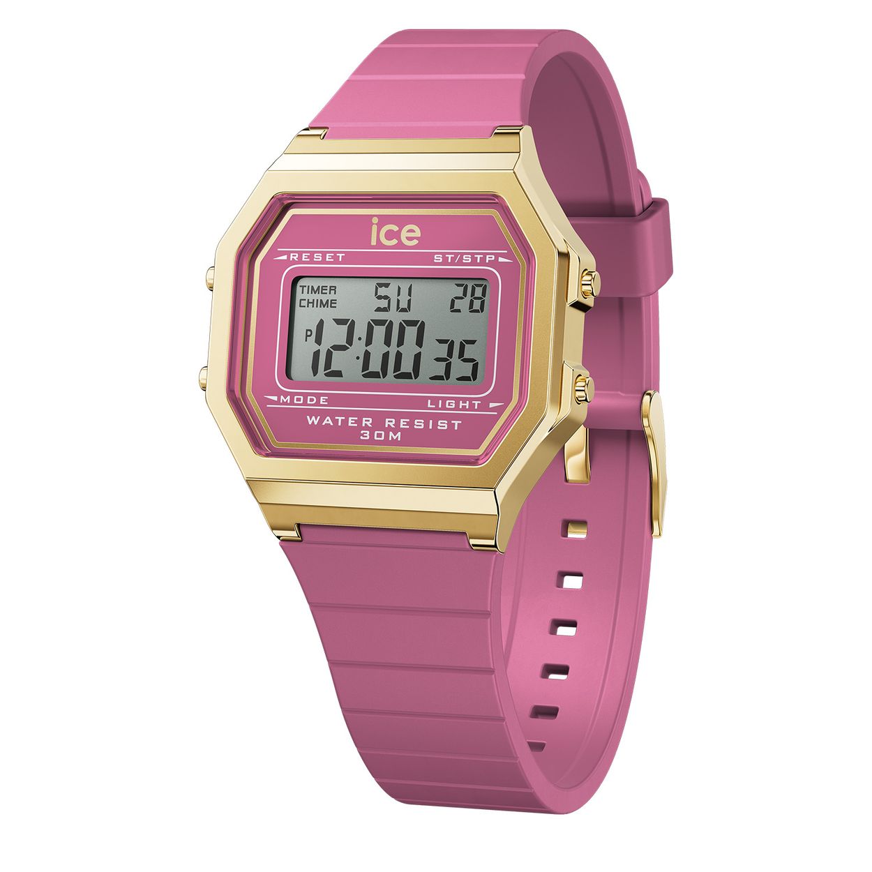 Dit is een horloge van het merk Ice-Watch uit de serie ICE digit retro. Met een horlogekast gemaakt van kunststof en een roze band van siliconen.