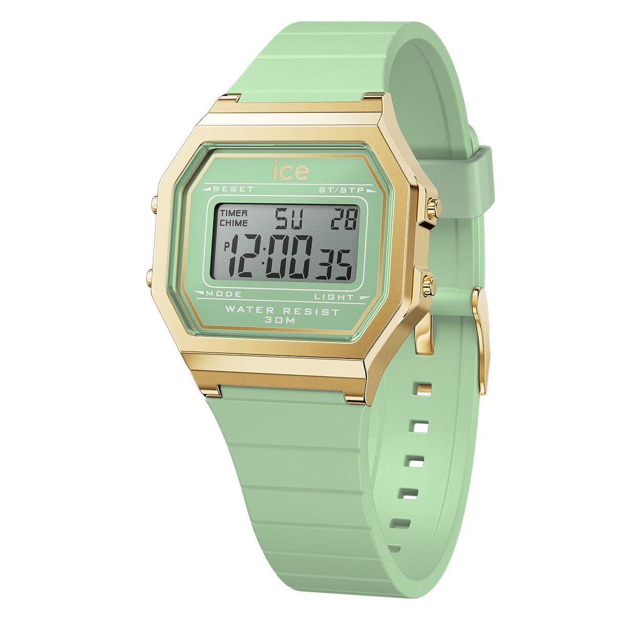 Dit is een horloge van het merk Ice-Watch uit de serie ICE digit retro. Met een horlogekast gemaakt van kunststof en een groene band van siliconen.