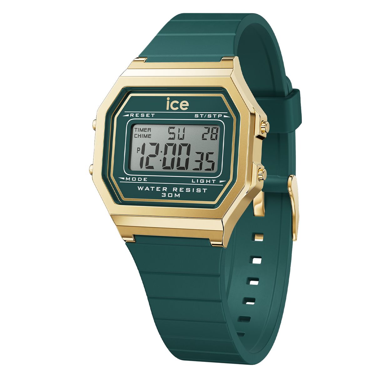 Dit is een horloge van het merk Ice-Watch uit de serie ICE digit retro. Met een horlogekast gemaakt van kunststof en een groene band van siliconen.