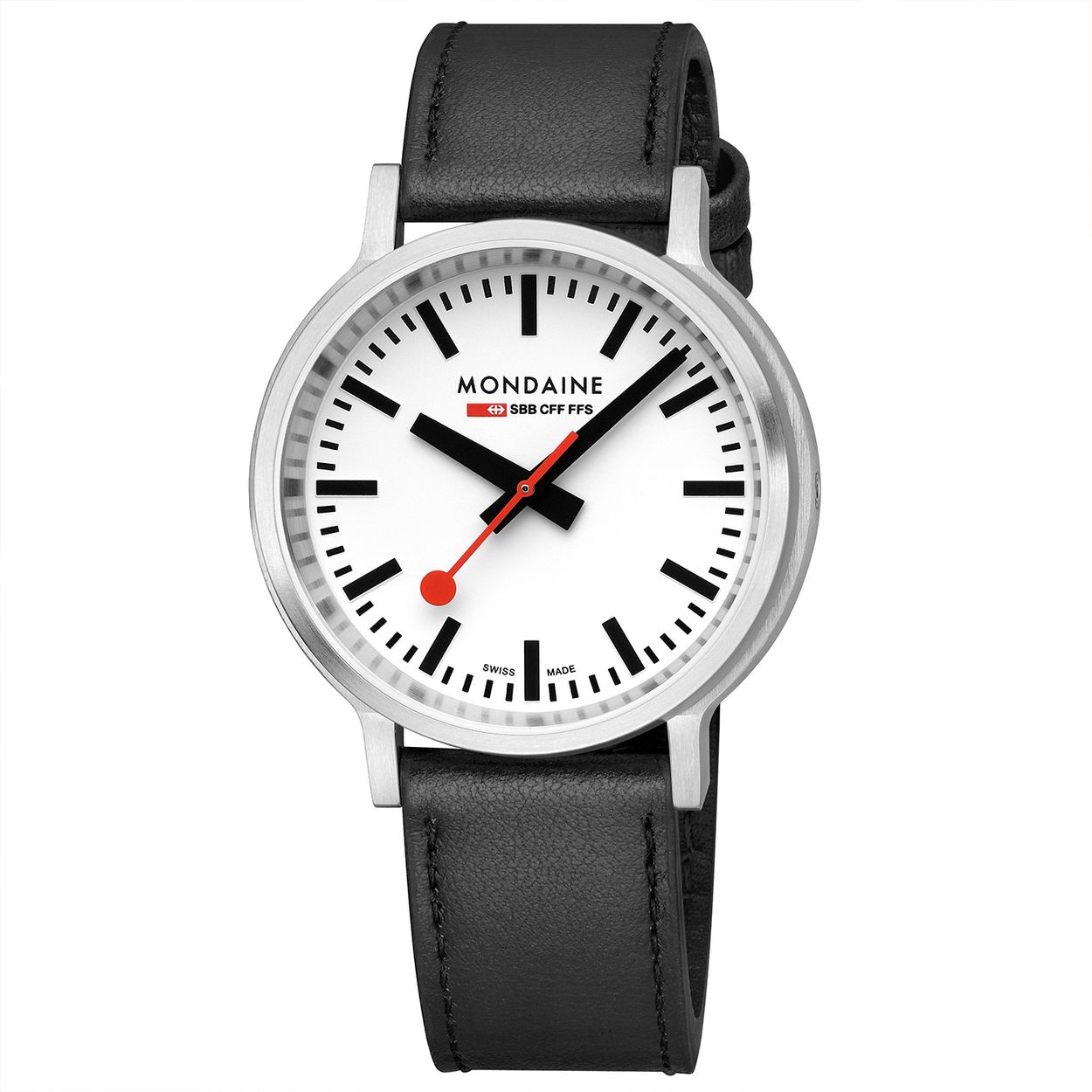 Mondaine MST.4101B.LBV Stop2Go Vegan leer 41mm
Dit design horloge uit de Mondaine Stop2Go serie heeft een vegan lederen horlogeband. Het horloge heeft vlak krasvast saffierglas en een strakke ronde matte horlogekast met een kastdiameter van 41mm en een witte wijzerplaat.
De Stop2Go is het paradepaardje van Mondaine. De Zwitserse spoorwegen (SBB) staan bekend om hun punctualiteit en dit is te danken aan het principe van het uurwerk: door 58 seconden iets te snel te lopen en 2 seconden stil te staan op de 12, kan iedere Zwitserse trein exact op het hele uur vertrekken. Terwijl de secondewijzer stilstaat, springt de minutenwijzer een streepje verder. De dubbele aandrijving die dit principe mogelijk maakt, vergt meer energie dan andere uurwerken. Daarom is de Stop2Go, die net zo werkt als de stationsklok, uitgerust met een extra sterke batterij die twee jaar mee gaat. 

HET MERK
The Official Swiss Railway Watch. Gebaseerd op de officiÃ«le stationsklok van de Zwitserse spoorwegen, is 30 jaar geleden de horlogelijn onder het merk Mondaine opgezet. Zwitserse kwaliteitsuurwerken, net zo punctueel als de Zwitserse treinen. Een echte design klassieker met een unieke wijzerplaat, en de wereldberoemde rode secondewijzer met bolletje. Herkenbaar uit duizenden.

SPECIFICATIES  
- Extra sterke batterij
- Dubbele aandrijving
- Backlight
- Vlak ontspiegeld krasvast saffierglas
- Strakke ronde kastvorm, Ã 41mm
- Matte RVS horlogekast
- Witte wijzerplaat van de originele stationsklok
- Zwarte vegan leren band