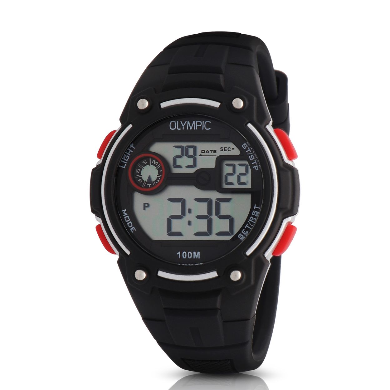 Olympic OL45HKR014 Digital Horloge Kids Zwa/Zilv/Rood 35mm 
Dit unieke Olympic horloge met artikelnummer: OL45HKR014 is een digitaal kinder horloge met een sportieve uitstraling. De kunststof kast heeft 4 drukknoppen waarmee je de verschillende functies kan bedienen. De horloges zijn in verschillende kleur samenstellingen en verschillende grootte te krijgen. Het horloge heeft tijd,- datum,- dag,- aanduiding. Ook heeft het een timer, alarm en stopwatch functie. Dit geeft het horloge vele mogelijkheden. Aan de kast zit een gelijk gekleurde siliconen band met een gespsluiting. Het horloge heeft een mineraalglas, een doorsnee van 35mm en is 10ATM.

Waterdichtheid 10ATM
Dit horloge is bestand tegen water bij het zwemmen en douchen. Dit horloge is niet bestand tegen (grote) waterdruk dus je kunt er niet mee duiken.

Het merk:
Een mooi horloge hoeft niet duur te zijn! Het Nederlandse horlogemerk Olympic levert stoere chronografen, slimline series, digitale uurwerken en elegante dameshorloges. De prijs-kwaliteitverhouding staat bij Olympic hoog in het vaandel met prijzen die uiteenlopen van € 34,95 tot en met € 159,00.

100% Nederlands ontwerp, waterdicht en standaard 3 jaar fabrieksgarantie.

Specificaties:
- Ronde kast Ø 35mm
- Digitaal uurwerk
- Siliconen band
- Zwart
- 10ATM 
- Standaard 3 jaar fabrieksgarantie
- Mineraalglas