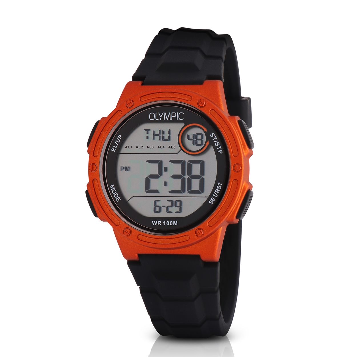 Olympic OL45HKR018 Digital Horloge Kids Oranje/Zwa 40mm 
Dit unieke Olympic horloge met artikelnummer: OL45HKR018 is een digitaal kinder horloge met een sportieve uitstraling. De kunststof kast heeft 4 drukknoppen waarmee je de verschillende functies kan bedienen. De horloges zijn in verschillende kleur samenstellingen en verschillende grootte te krijgen. Het horloge heeft tijd,- datum,- dag,- aanduiding. Ook heeft het een timer, alarm en stopwatch functie. Dit geeft het horloge vele mogelijkheden. Aan de kast zit een gelijk gekleurde siliconen band met een gespsluiting. Het horloge heeft een mineraalglas, een doorsnee van 40mm en is 10ATM.

Waterdichtheid 10ATM
Dit horloge is bestand tegen water bij het zwemmen en douchen. Dit horloge is niet bestand tegen (grote) waterdruk dus je kunt er niet mee duiken.

Het merk:
Een mooi horloge hoeft niet duur te zijn! Het Nederlandse horlogemerk Olympic levert stoere chronografen, slimline series, digitale uurwerken en elegante dameshorloges. De prijs-kwaliteitverhouding staat bij Olympic hoog in het vaandel met prijzen die uiteenlopen van â¬ 34,95 tot en met â¬ 159,00.

100% Nederlands ontwerp, waterdicht en standaard 3 jaar fabrieksgarantie.

Specificaties:
- Ronde kast Ã 40mm
- Digitaal uurwerk
- Siliconen band
- Oranje
- 10ATM 
- Standaard 3 jaar fabrieksgarantie
- Mineraalglas