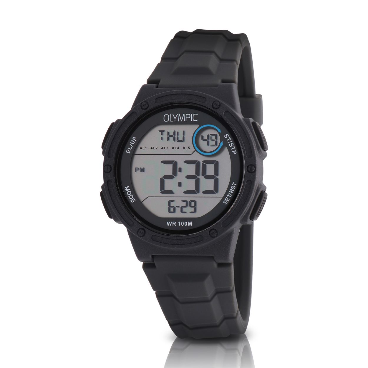 Olympic OL45HKR019 Digital Horloge Kids Grijs 40mm 
Dit unieke Olympic horloge met artikelnummer: OL45HKR019 is een digitaal kinder horloge met een sportieve uitstraling. De kunststof kast heeft 4 drukknoppen waarmee je de verschillende functies kan bedienen. De horloges zijn in verschillende kleur samenstellingen en verschillende grootte te krijgen. Het horloge heeft tijd,- datum,- dag,- aanduiding. Ook heeft het een timer, alarm en stopwatch functie. Dit geeft het horloge vele mogelijkheden. Aan de kast zit een gelijk gekleurde siliconen band met een gespsluiting. Het horloge heeft een mineraalglas, een doorsnee van 40mm en is 10ATM.

Waterdichtheid 10ATM
Dit horloge is bestand tegen water bij het zwemmen en douchen. Dit horloge is niet bestand tegen (grote) waterdruk dus je kunt er niet mee duiken.

Het merk:
Een mooi horloge hoeft niet duur te zijn! Het Nederlandse horlogemerk Olympic levert stoere chronografen, slimline series, digitale uurwerken en elegante dameshorloges. De prijs-kwaliteitverhouding staat bij Olympic hoog in het vaandel met prijzen die uiteenlopen van € 34,95 tot en met € 159,00.

100% Nederlands ontwerp, waterdicht en standaard 3 jaar fabrieksgarantie.

Specificaties:
- Ronde kast Ø 40mm
- Digitaal uurwerk
- Siliconen band
- Grijs
- 10ATM 
- Standaard 3 jaar fabrieksgarantie
- Mineraalglas