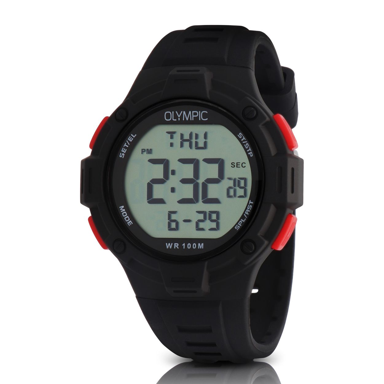 Olympic OL45HKR021 Digital Horloge Kids Zwa/Rood 42mm 
Dit unieke Olympic horloge met artikelnummer: OL45HKR021 is een digitaal kinder horloge met een sportieve uitstraling. De kunststof kast heeft 4 drukknoppen waarmee je de verschillende functies kan bedienen. De horloges zijn in verschillende kleur samenstellingen en verschillende grootte te krijgen. Het horloge heeft tijd,- datum,- dag,- aanduiding. Ook heeft het een timer, alarm en stopwatch functie. Dit geeft het horloge vele mogelijkheden. Aan de kast zit een gelijk gekleurde siliconen band met een gespsluiting. Het horloge heeft een mineraalglas, een doorsnee van 42mm en is 10ATM.

Waterdichtheid 10ATM
Dit horloge is bestand tegen water bij het zwemmen en douchen. Dit horloge is niet bestand tegen (grote) waterdruk dus je kunt er niet mee duiken.

Het merk:
Een mooi horloge hoeft niet duur te zijn! Het Nederlandse horlogemerk Olympic levert stoere chronografen, slimline series, digitale uurwerken en elegante dameshorloges. De prijs-kwaliteitverhouding staat bij Olympic hoog in het vaandel met prijzen die uiteenlopen van € 34,95 tot en met € 159,00.

100% Nederlands ontwerp, waterdicht en standaard 3 jaar fabrieksgarantie.

Specificaties:
- Ronde kast Ø 42mm
- Digitaal uurwerk
- Siliconen band
- Zwart
- 10ATM 
- Standaard 3 jaar fabrieksgarantie
- Mineraalglas