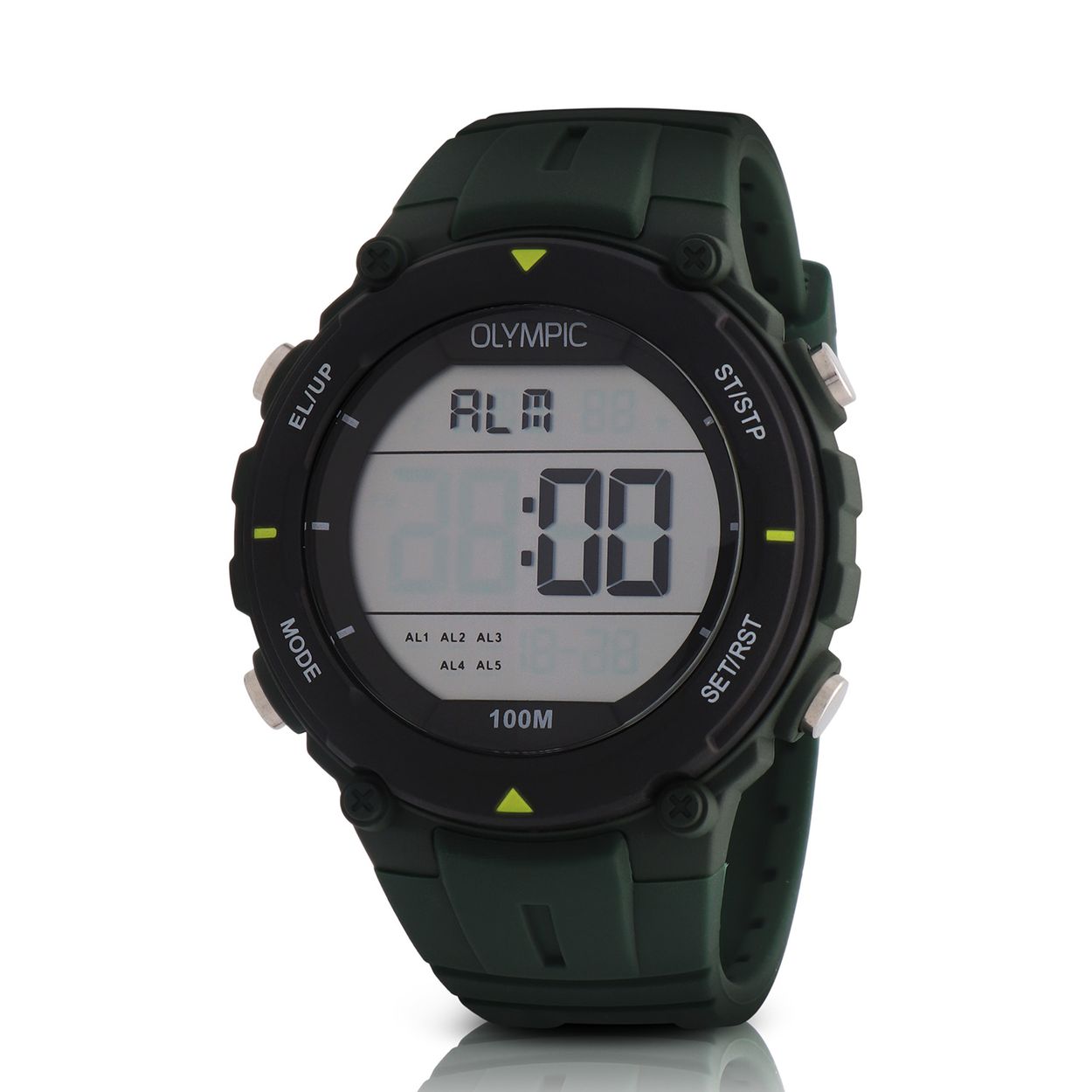 Olympic OL45HKR023 Digital Horloge Kids Groen/Zwa 46mm 
Dit unieke Olympic horloge met artikelnummer: OL45HKR023 is een digitaal kinder horloge met een sportieve uitstraling. De kunststof kast heeft 4 drukknoppen waarmee je de verschillende functies kan bedienen. De horloges zijn in verschillende kleur samenstellingen en verschillende grootte te krijgen. Het horloge heeft tijd,- datum,- dag,- aanduiding. Ook heeft het een timer, alarm en stopwatch functie. Dit geeft het horloge vele mogelijkheden. Aan de kast zit een gelijk gekleurde siliconen band met een gespsluiting. Het horloge heeft een mineraalglas, een doorsnee van 46mm en is 10ATM.

Waterdichtheid 10ATM
Dit horloge is bestand tegen water bij het zwemmen en douchen. Dit horloge is niet bestand tegen (grote) waterdruk dus je kunt er niet mee duiken.

Het merk:
Een mooi horloge hoeft niet duur te zijn! Het Nederlandse horlogemerk Olympic levert stoere chronografen, slimline series, digitale uurwerken en elegante dameshorloges. De prijs-kwaliteitverhouding staat bij Olympic hoog in het vaandel met prijzen die uiteenlopen van € 34,95 tot en met € 159,00.

100% Nederlands ontwerp, waterdicht en standaard 3 jaar fabrieksgarantie.

Specificaties:
- Ronde kast Ø 46mm
- Digitaal uurwerk
- Siliconen band
- Groen
- 10ATM 
- Standaard 3 jaar fabrieksgarantie
- Mineraalglas