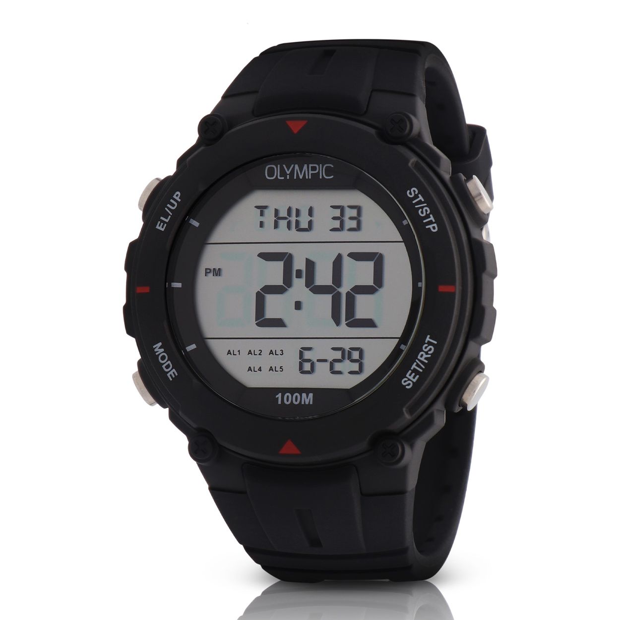 Olympic OL45HKR024 Digital Horloge Kids Zwa/Rood 46mm 
Dit unieke Olympic horloge met artikelnummer: OL45HKR024 is een digitaal kinder horloge met een sportieve uitstraling. De kunststof kast heeft 4 drukknoppen waarmee je de verschillende functies kan bedienen. De horloges zijn in verschillende kleur samenstellingen en verschillende grootte te krijgen. Het horloge heeft tijd,- datum,- dag,- aanduiding. Ook heeft het een timer, alarm en stopwatch functie. Dit geeft het horloge vele mogelijkheden. Aan de kast zit een gelijk gekleurde siliconen band met een gespsluiting. Het horloge heeft een mineraalglas, een doorsnee van 46mm en is 10ATM.

Waterdichtheid 10ATM
Dit horloge is bestand tegen water bij het zwemmen en douchen. Dit horloge is niet bestand tegen (grote) waterdruk dus je kunt er niet mee duiken.

Het merk:
Een mooi horloge hoeft niet duur te zijn! Het Nederlandse horlogemerk Olympic levert stoere chronografen, slimline series, digitale uurwerken en elegante dameshorloges. De prijs-kwaliteitverhouding staat bij Olympic hoog in het vaandel met prijzen die uiteenlopen van € 34,95 tot en met € 159,00.

100% Nederlands ontwerp, waterdicht en standaard 3 jaar fabrieksgarantie.

Specificaties:
- Ronde kast Ø 46mm
- Digitaal uurwerk
- Siliconen band
- Zwart
- 10ATM 
- Standaard 3 jaar fabrieksgarantie
- Mineraalglas