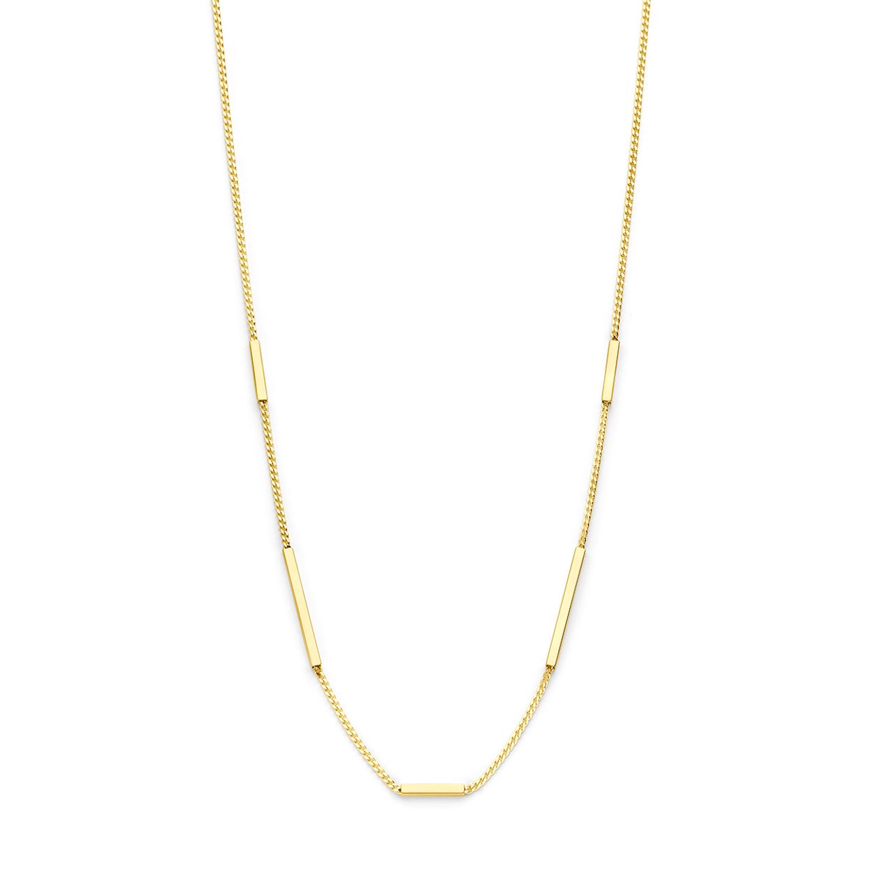 14k Geelgouden collier uitgevoerd met balkjes en een karabijn sluiting. Het collier heeft draaglengtes van 40, 42 en 44cm. De schakelbreedte is 1.3mm.