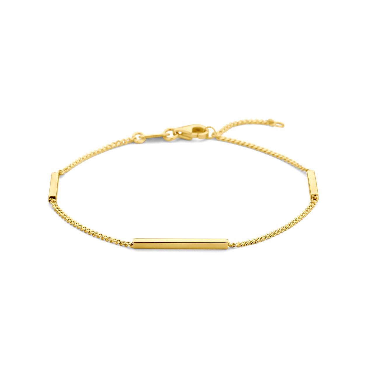 14k Geelgouden armband uitgevoerd met balkjes en een karabijn sluiting. De armband heeft draaglengtes van 17 en 19cm. De schakelbreedte is 1.3mm.