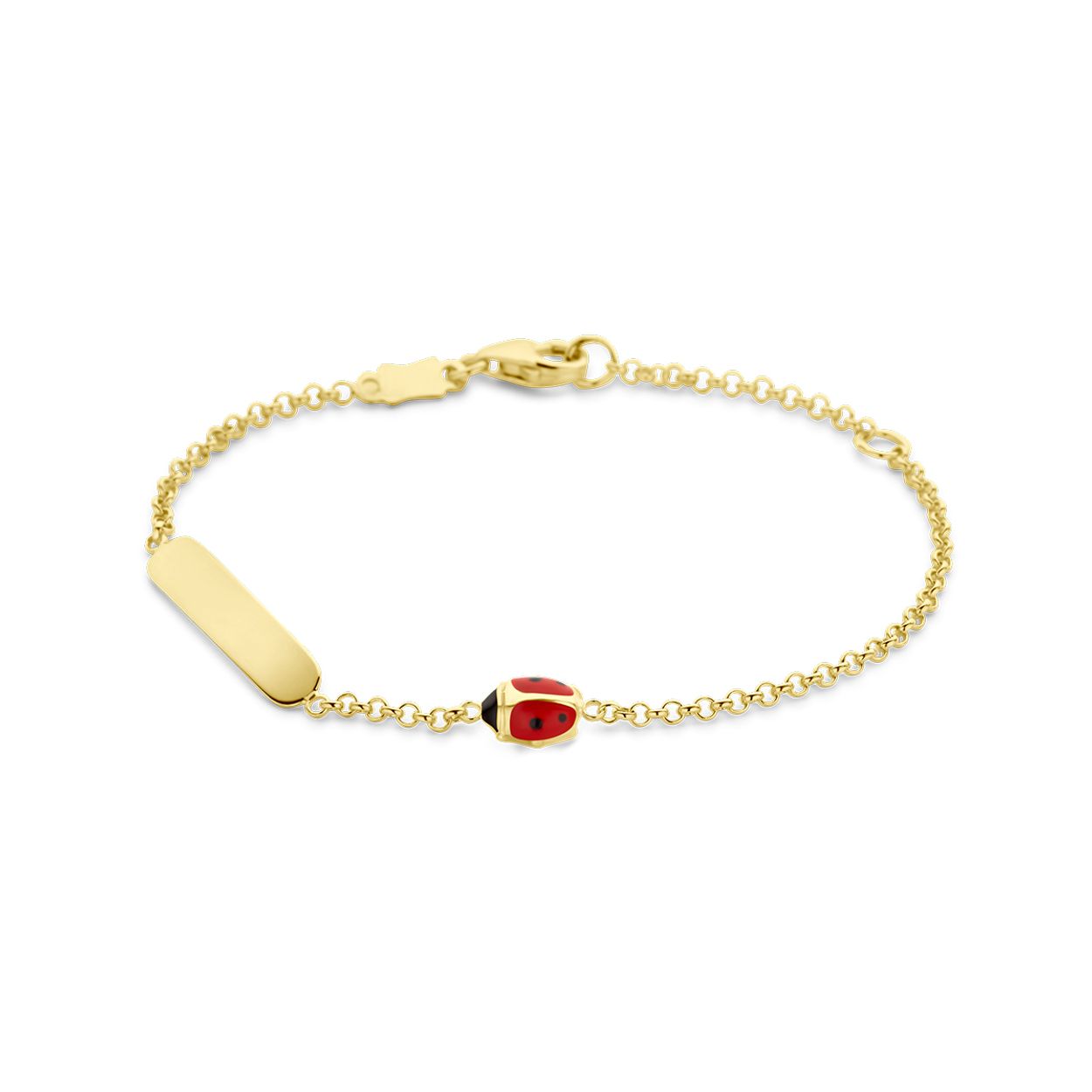 14k Geelgouden graveerarmband uitgevoerd met lieveheersbeestje en graveerplaat. De armband heeft een schakelbreedte van 1.5mm en draaglengtes van 11-13cm. De dikte van de graveerplaat is 0.5mm. Uitgevoerd met karabijnsluiting.