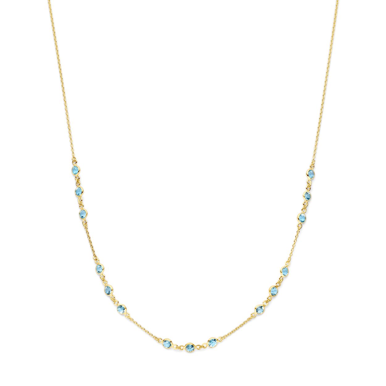 Geelgoud op 925 zilveren collier uitgevoerd met blauw topaas. Het collier heeft een schakelbreedte van 1.2mm en een draaglengte van 45cm. Geen garantie op de plating.