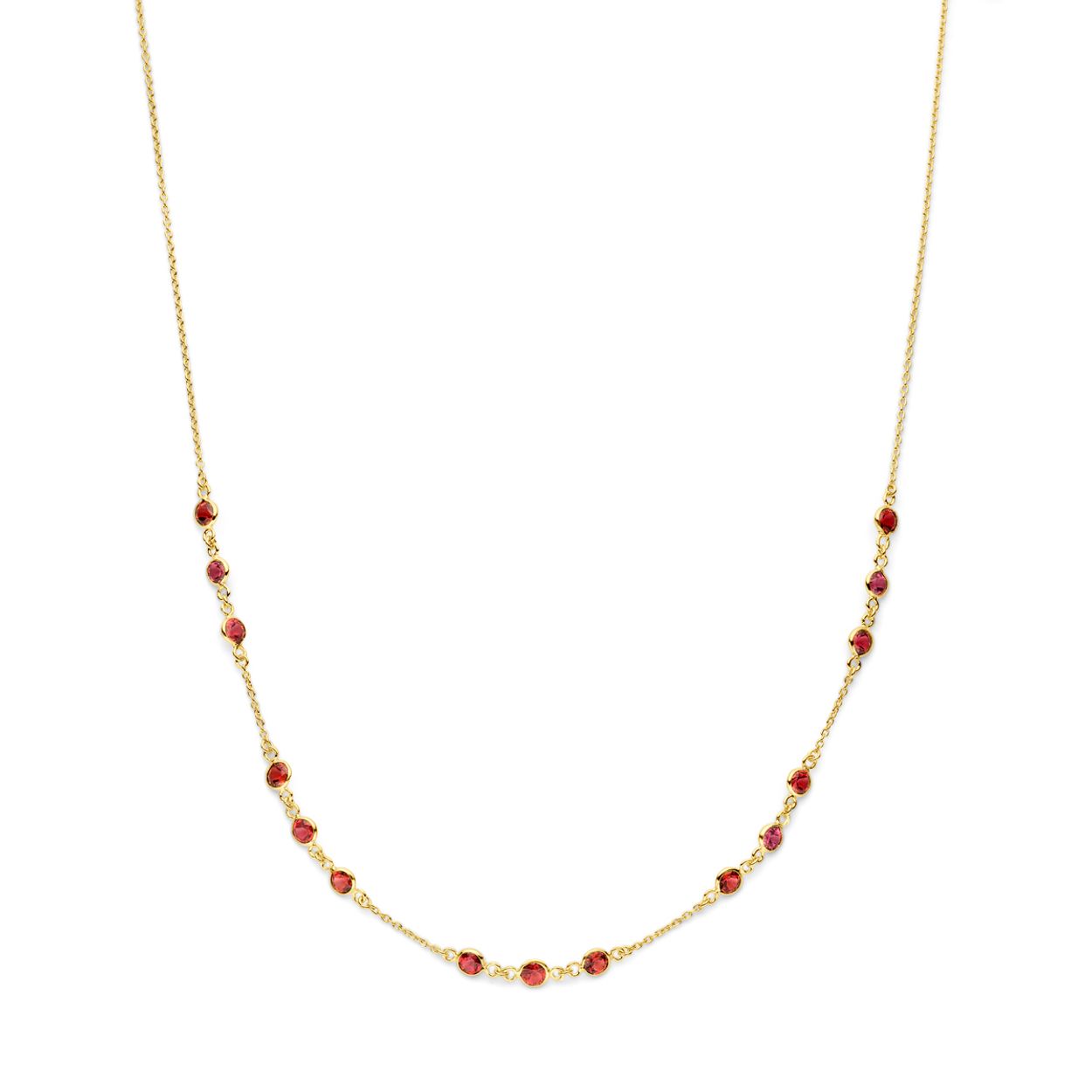Geelgoud op 925 zilveren collier uitgevoerd met rhodoliet kwarts. Het collier heeft een schakelbreedte van 1.2mm en een draaglengte van 45cm. Geen garantie op de plating.