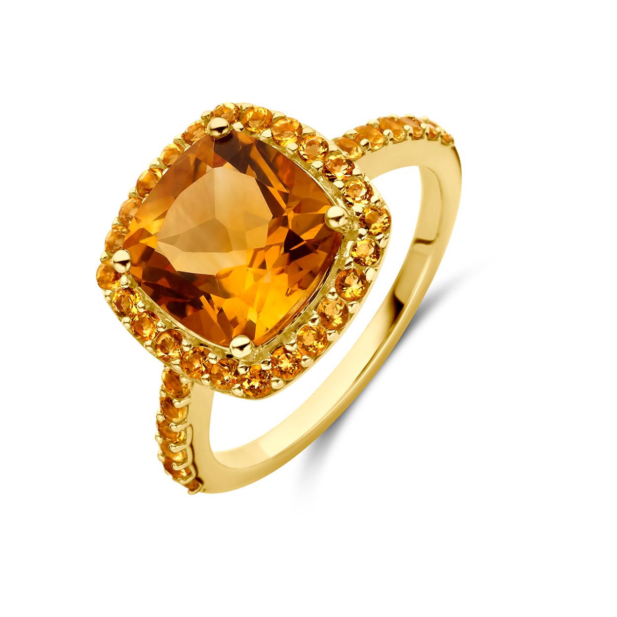 14k Geelgouden ring uitgevoerd met citrien. De ring heeft een breedte van 12.5mm.