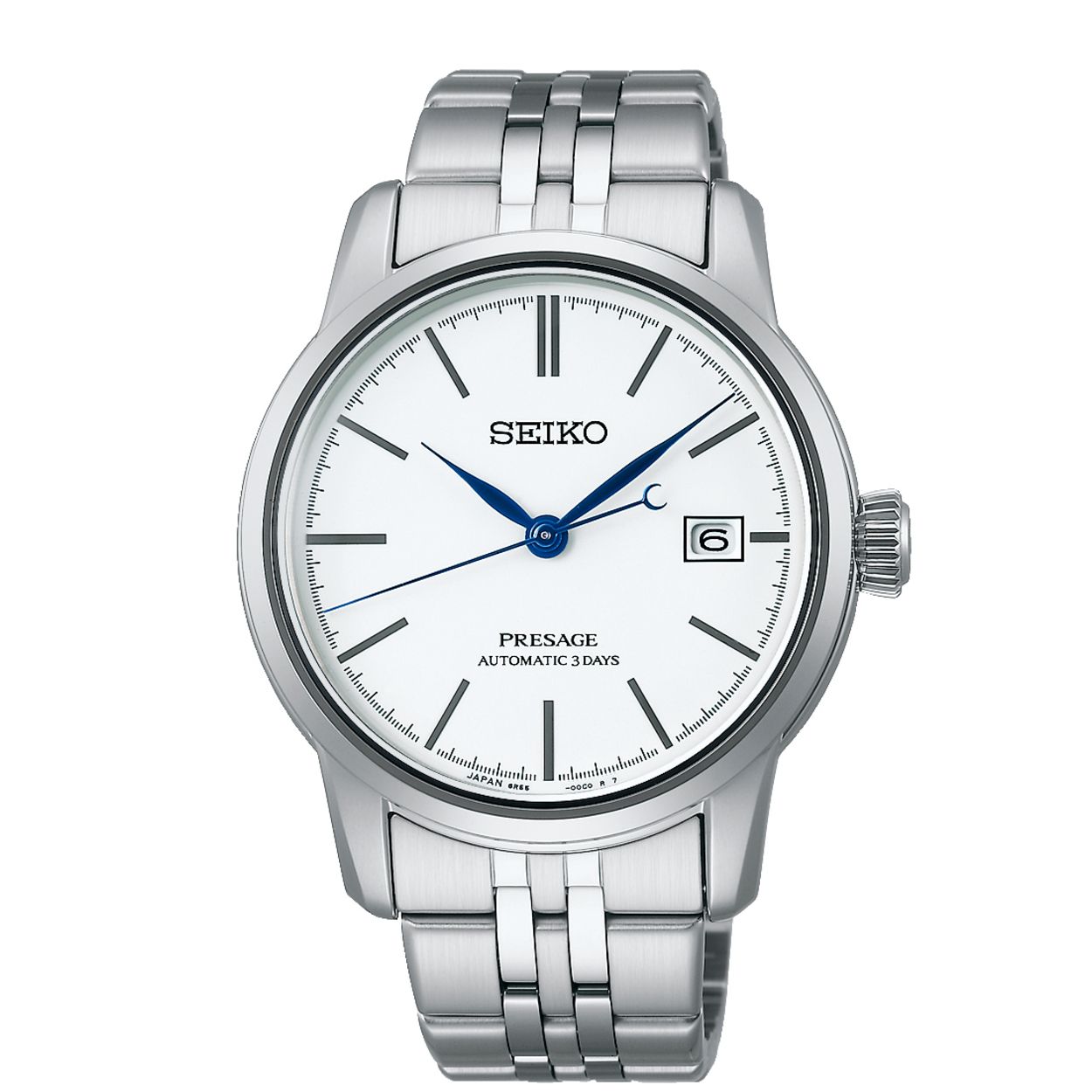 Dit is een herenhorloge van het merk Seiko. Het is een analoog horloge gemaakt van staal. De diameter van de kast is 40.2 mm en de kast is 12.1 mm dik.
De verdere specificaties van het horloge zijn als volgt:
Kastvorm: rond
Kastkleur: zilverkleurig
Kastmateriaal: staal
Bandbreedte: 20 mm
Bandlengte: 260.2 mm
Sluiting: vouwsluiting met drukker
Wijzerplaatkleur: wit
Glassoort: saffier glas
Waterdichtheid: 10 ATM
Techniek: automaat