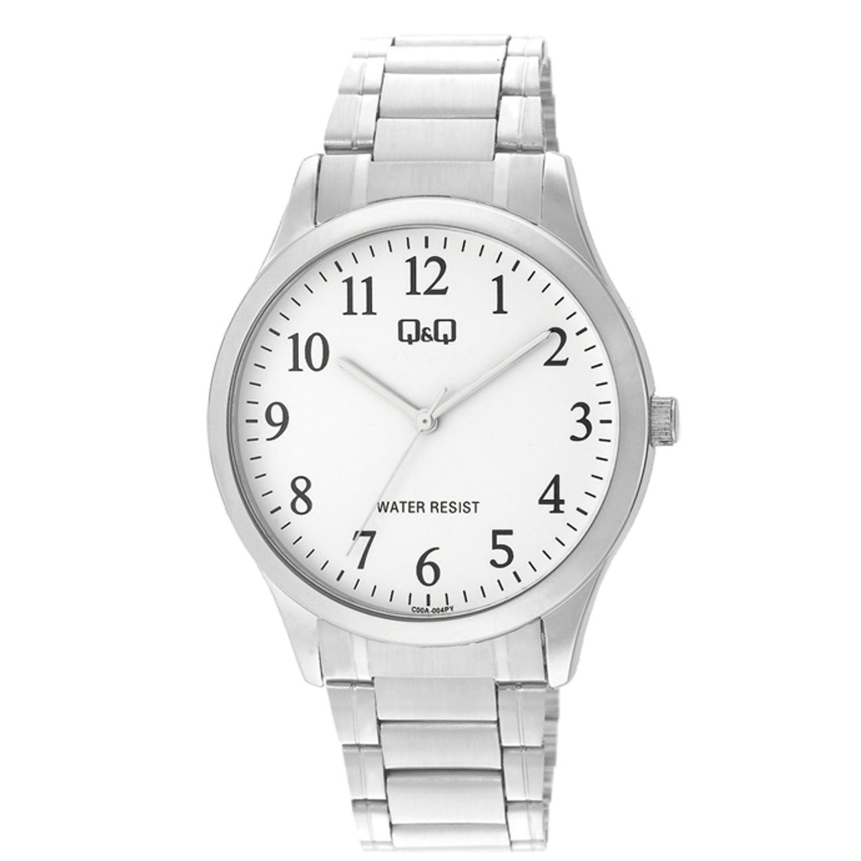 Omschrijving Q&amp;Q  horloge.
- Kastkleur: zilverkleurig
- Kast maat: 40 mm
- Kast dikte: 8.5 mm
- Kast materiaal: Zinc alloy
- Uurwerk type: Miyota 2035
- Glas type: Mineraal
- Waterdicht: 3 ATM
- Horlogeband: staal met  klepsluiting
- Maataansluiting band: 14 mm
- Wijzerplaat: witkleurig met cijfers aanduidingen
- Licht functie: Nee
EAN: 4966006875638