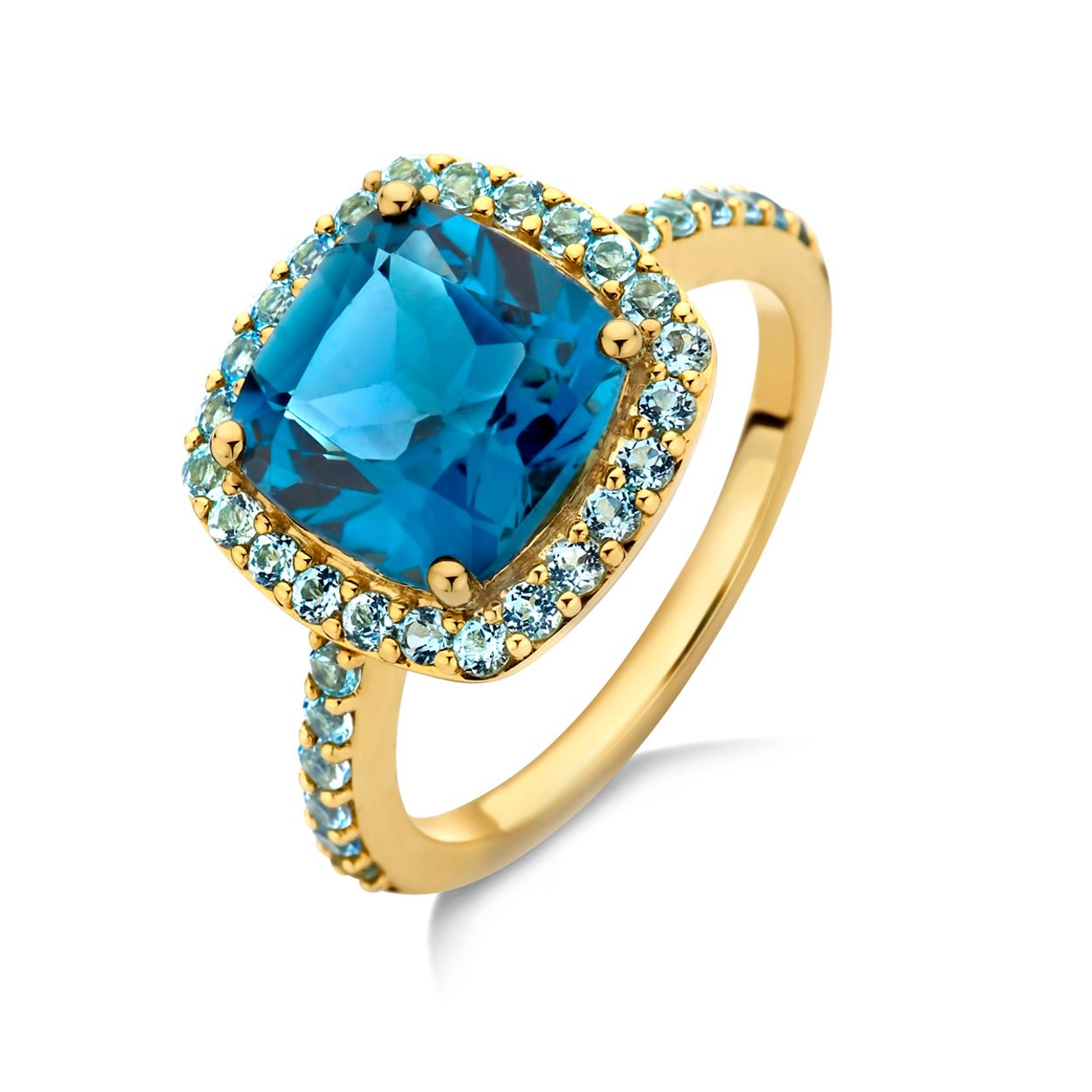 14k Geelgouden ring uitgevoerd met een london blue topaas en blauw topaas. De ring heeft een breedte van 12.5mm.
