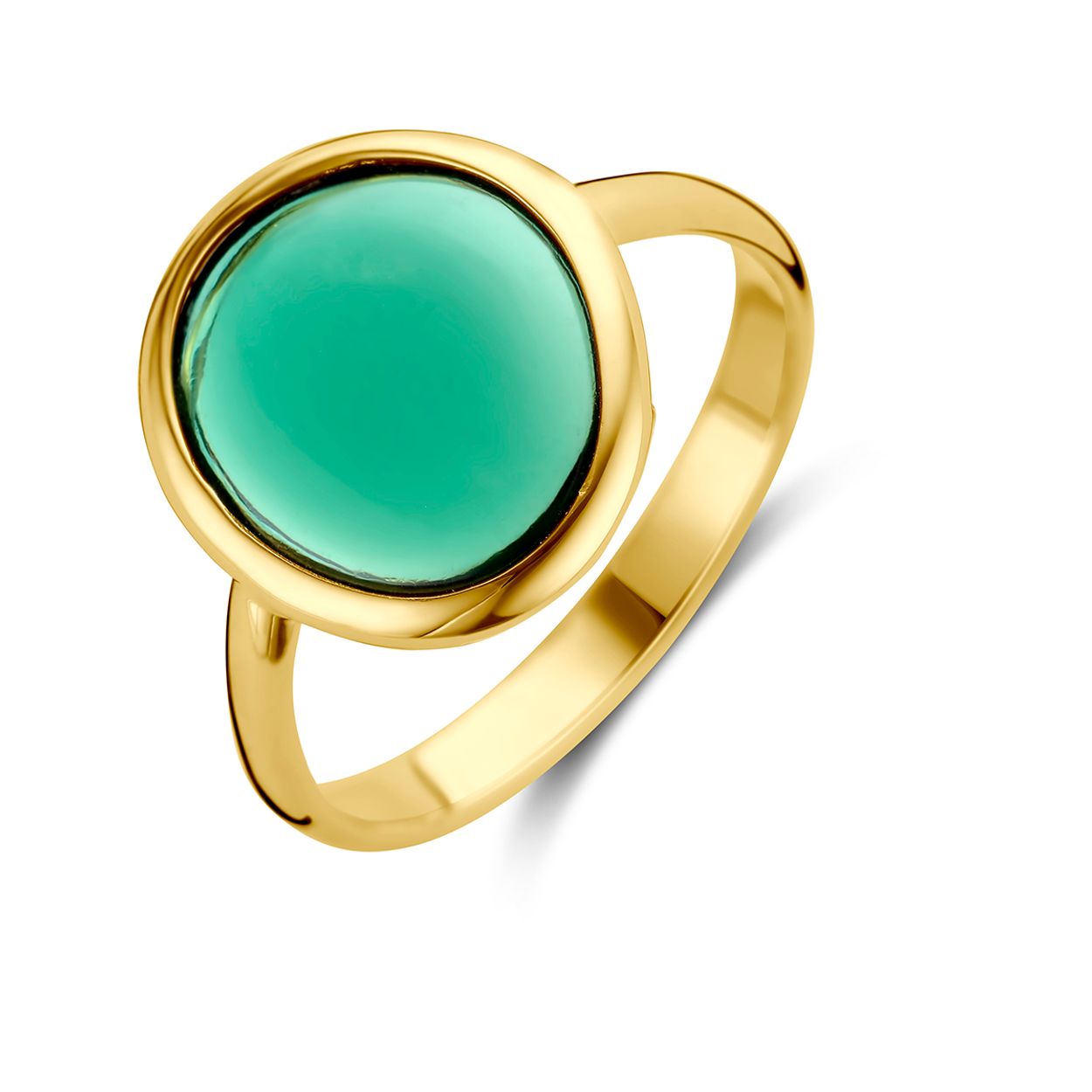 14k Geelgouden ring uitgevoerd met groene toermalijn. De ring heeft een breedte van 13.5mm.