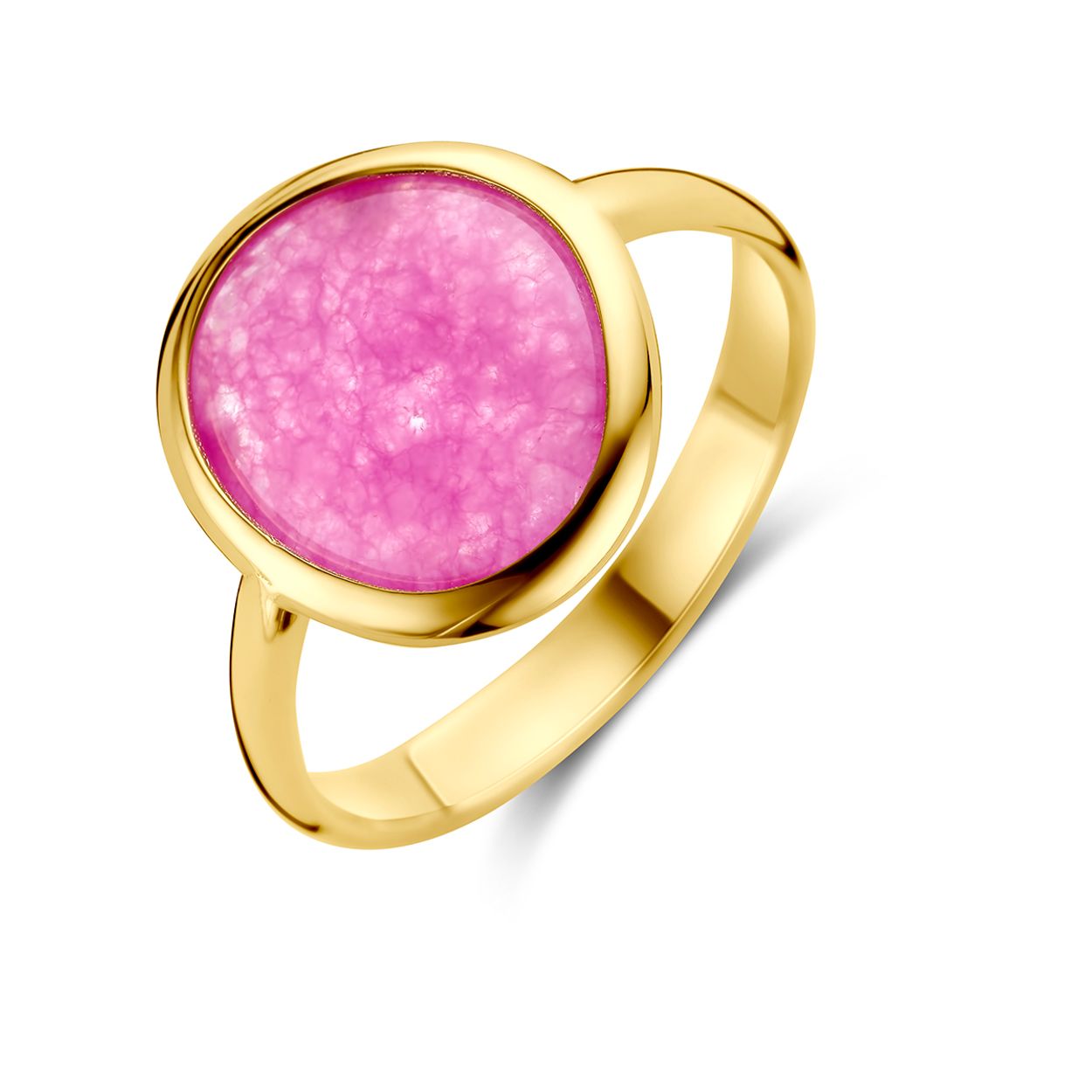 14k Geelgouden ring uitgevoerd met fuchsia kwarts. 