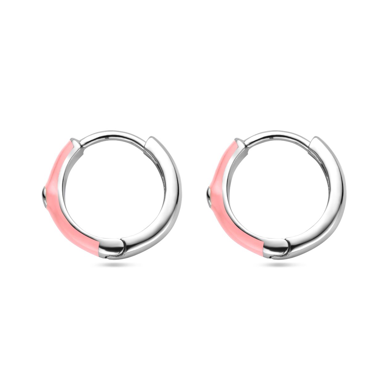 Gerhodineerd 925 zilveren klapoorringen uitgevoerd met zirkonia en roze emaille. De klapoorringen hebben een afmeting van 15x2.5mm.