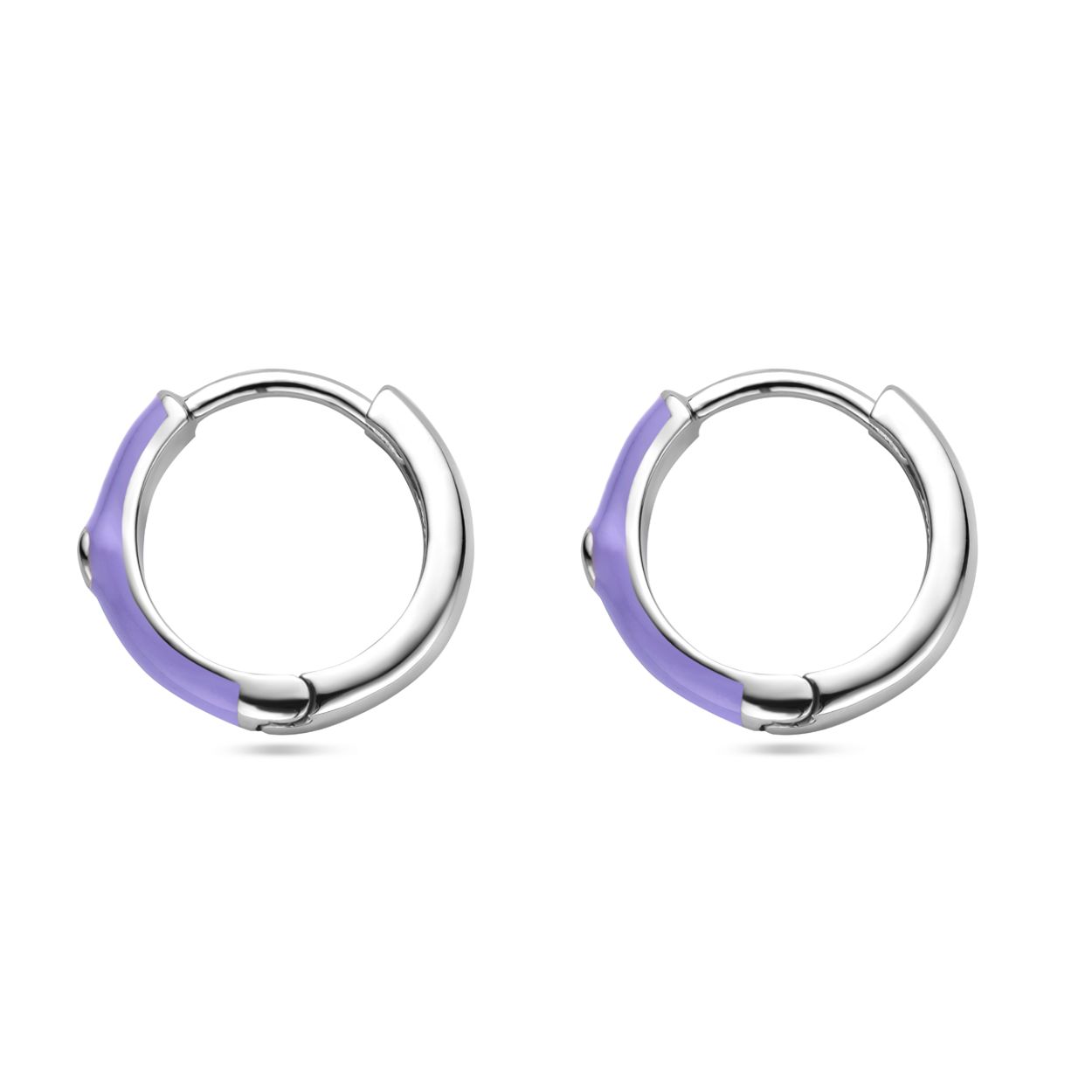 Gerhodineerd 925 zilveren klapoorringen uitgevoerd met zirkonia en paars emaille. De klapoorringen hebben een afmeting van 15x2.5mm.