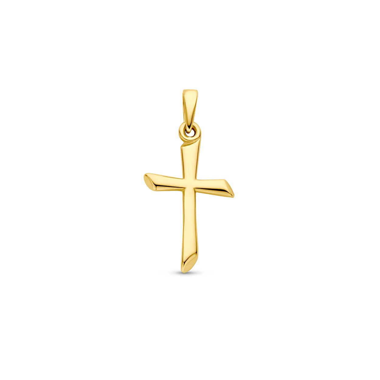 14k Geelgouden hanger in de vorm van een kruis. Het kruis heeft een afmeting van 19x11mm.