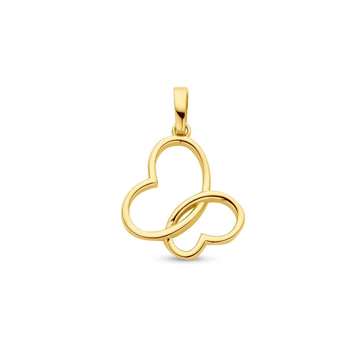 14k Geelgouden hanger uitgevoerd in de vorm van een vlinder. 
De hanger heeft een totale hoogte van 17mm.